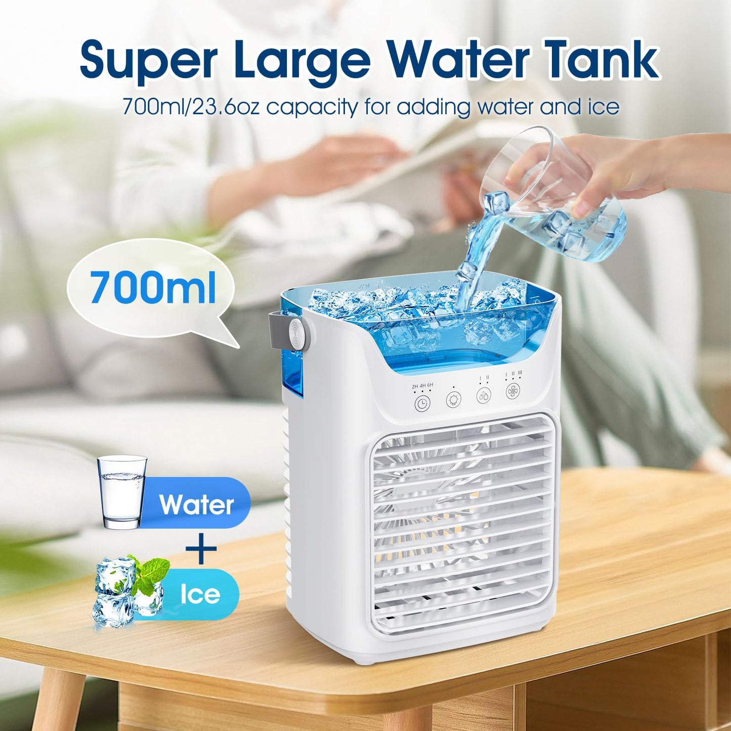 Portable Air Conditioner 3-in-1Mini Fan Cooler & Humidifier with 700 ml Top-Fill Water Tank 7-Color Night Light 2/4/6 H Timer & Ultra-Quiet Operation