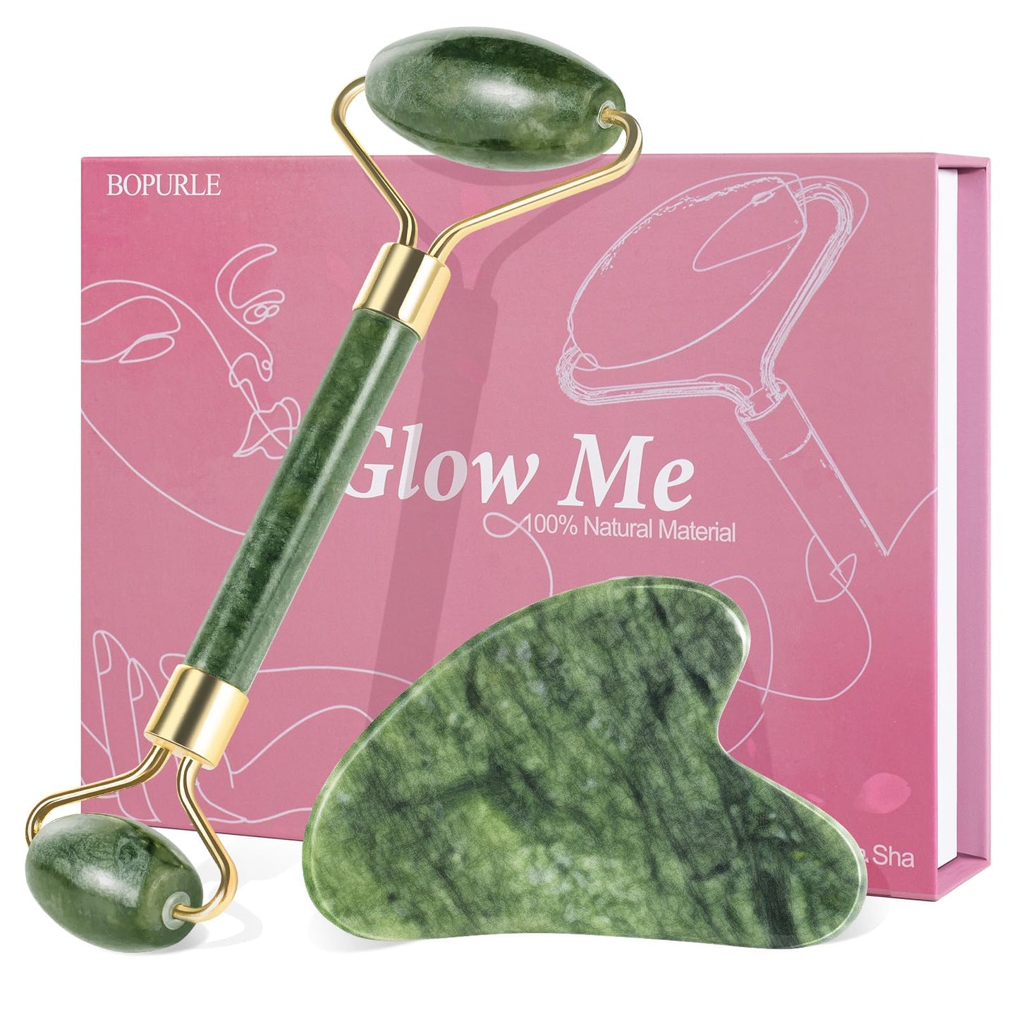 BOPURLE Gua Sha and Jade Roller Facial Tools for Face, Upgraded Face Roller for Wrinkles and Lifting, Face Massager and Gua Sha Set for Puffiness and Skin Care, Guasha Tool for Women and Men (Green)