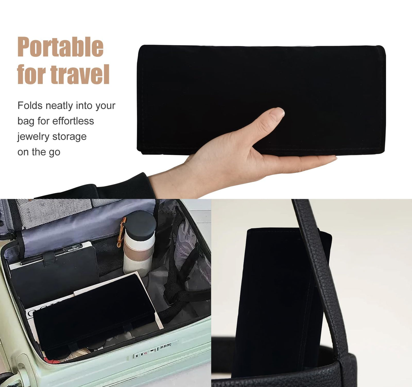 SCIKHEFT Velvet Travel Jewelry Case Roll Bag Organizer for Necklace Bracelet Earrings Ring (Black)