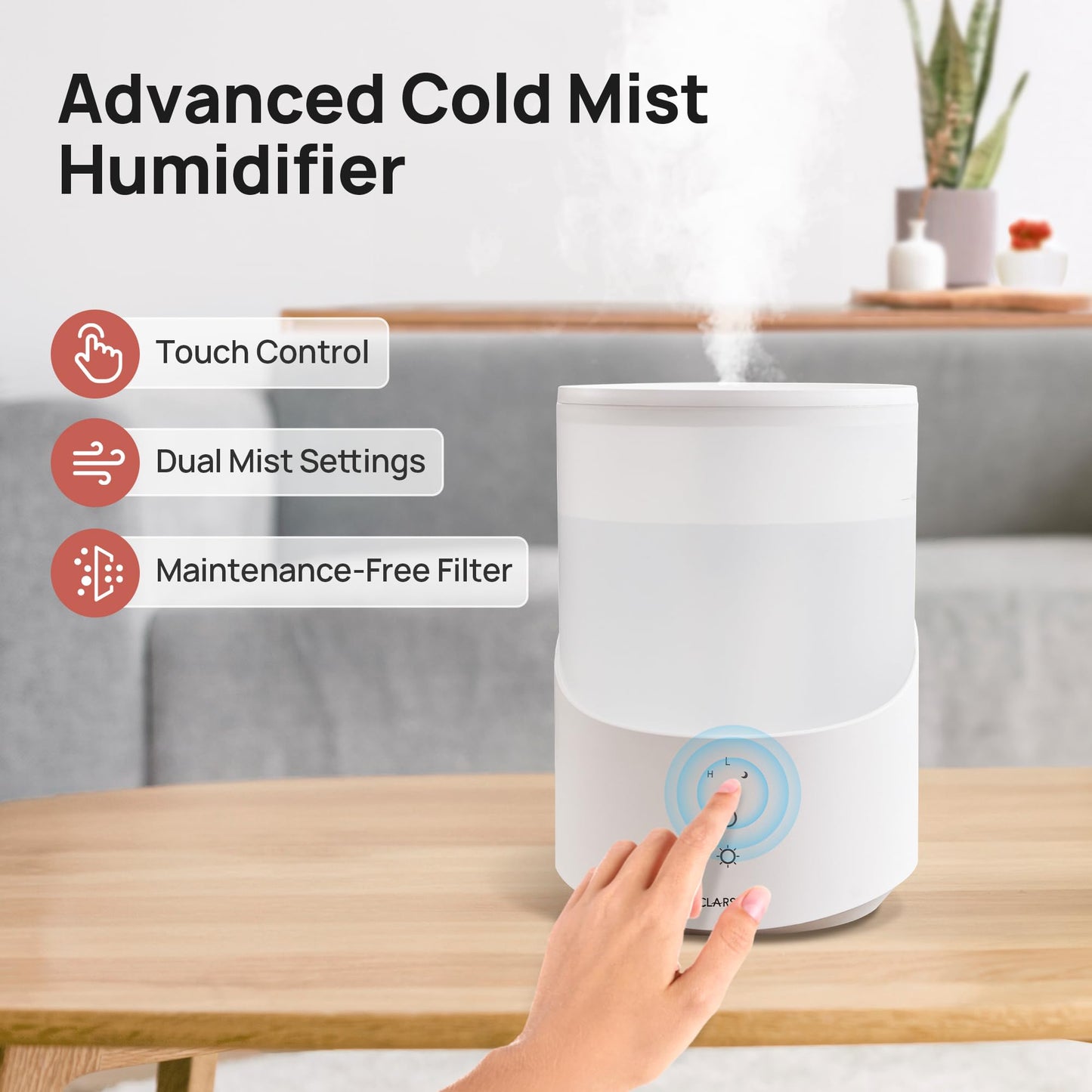 CLARSTON Humidifier for Bedroom, 2.5L Cool Mist Humidifier with Essential Oils Diffuser and Nightlight, Top Fill Humidifiers for Home, Auto Shut-off