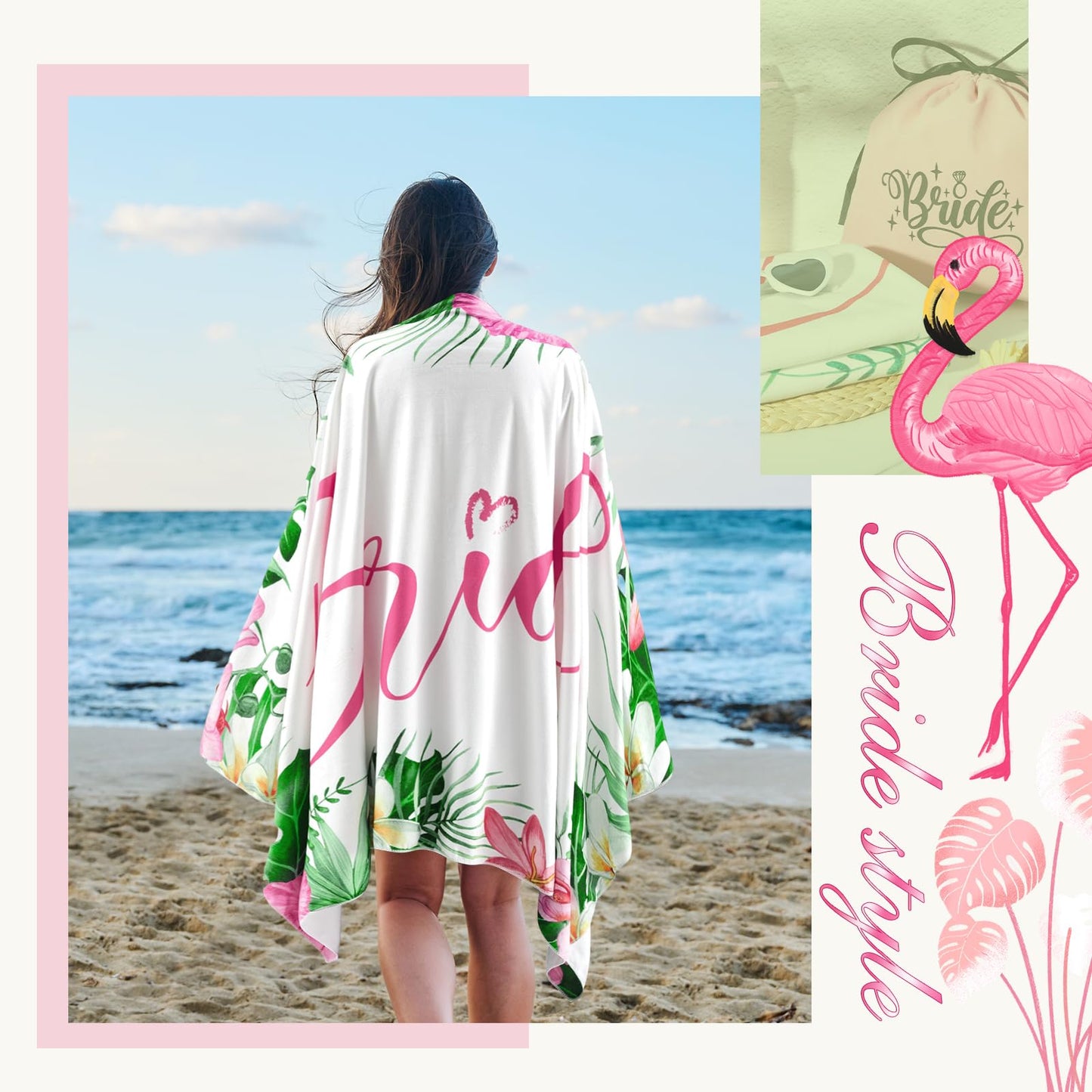 Hunnmingre 4 Pcs Bride Beach Towel Set Bridal Gift Bachelorette Beach Towel Honeymoon Bride Towel Bride to Be Bridesmaid Favors Engagement Party Supplies for Wedding Bachelorette Party, 63"x33"(Aloha)