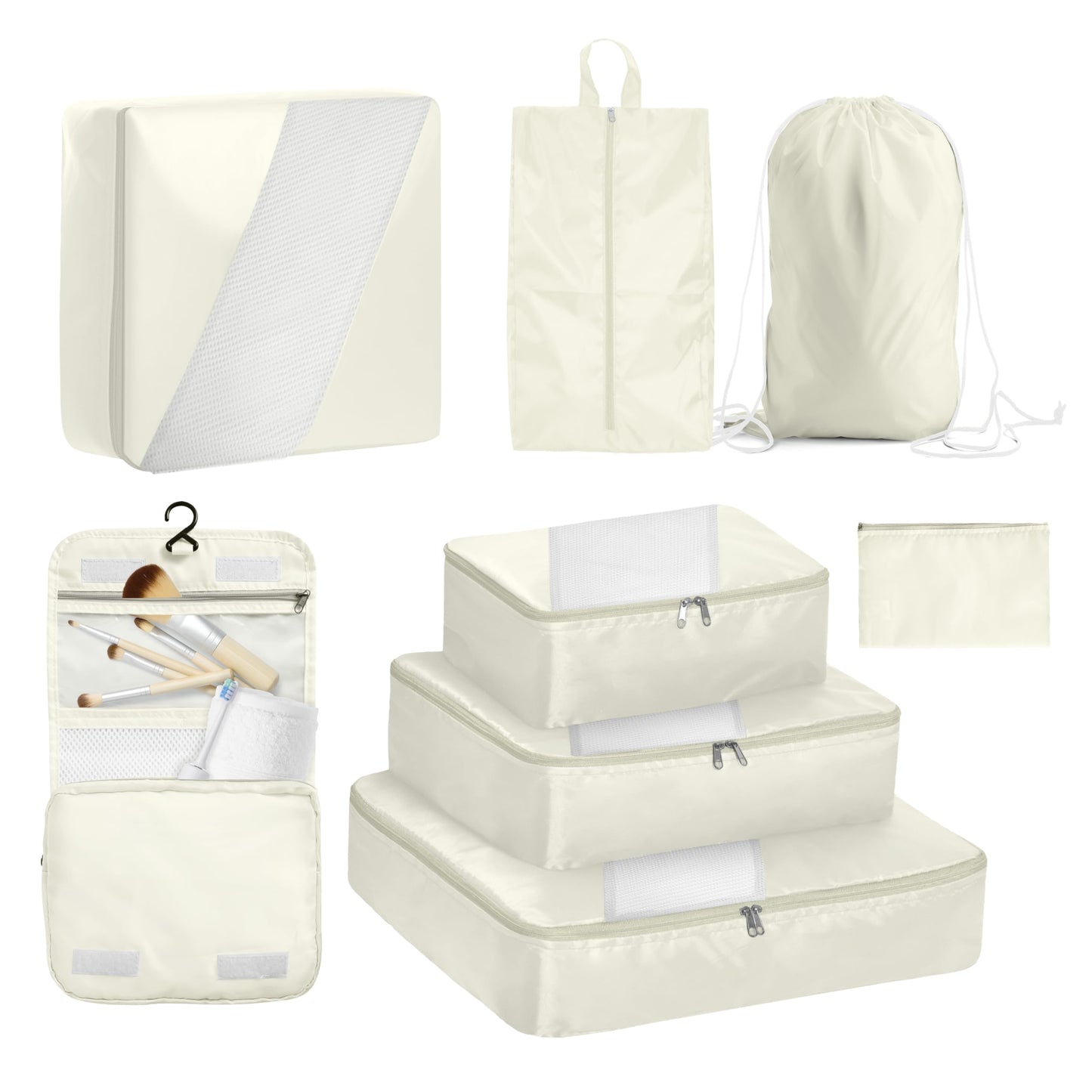 WVM Packing Cubes for Travel, 8-Piece Luggage Organizer Set with Shoe Bag, Toiletry Bag & Laundry Bag, Beige
