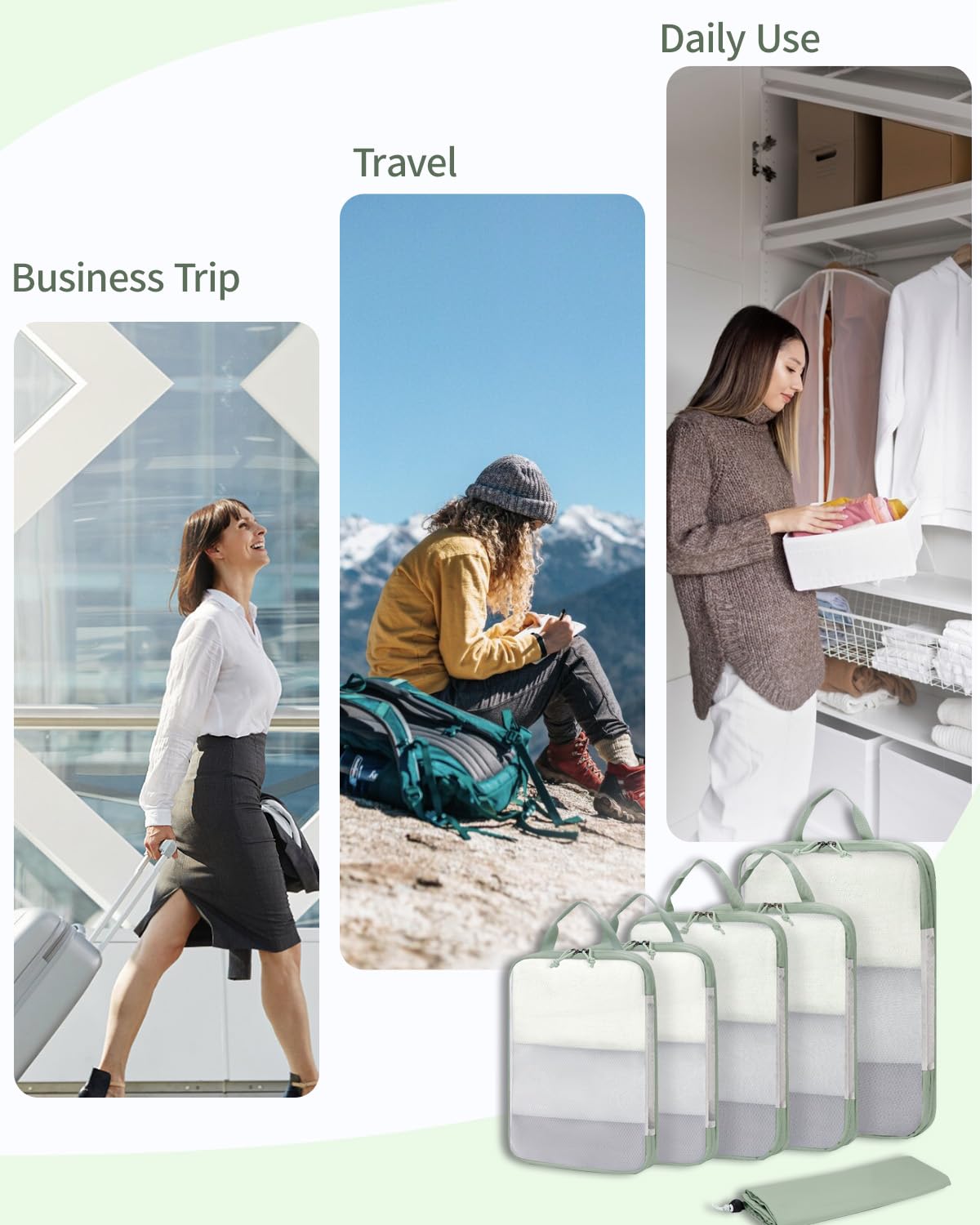 ECOHUB 6 Set Compression Packing Cubes, Lightweight Vacation Travel Essentials, Durable Travel Accessories for Suitcase Carry On Luggage Organizer Bags Set with YKK Zippers Shoe Bag, Green