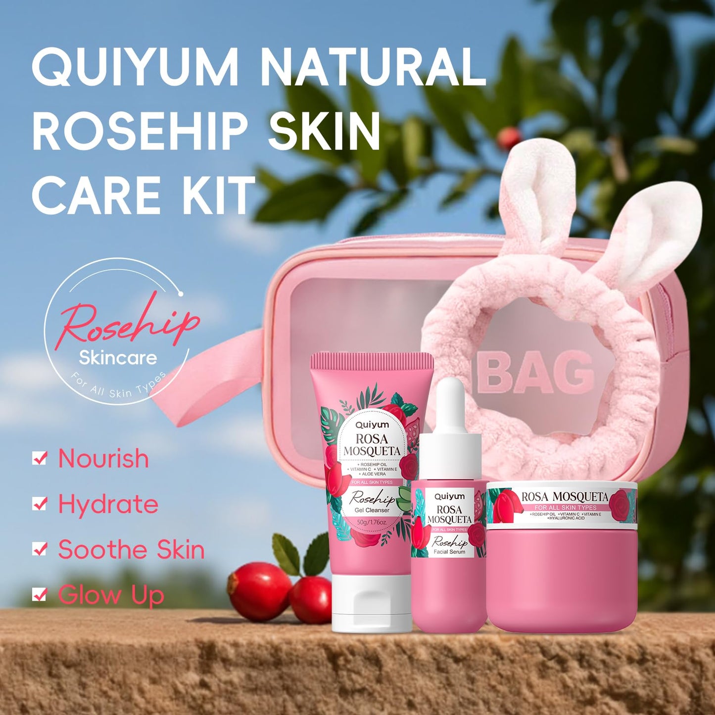 Quiyum Rosehip Skin Care Set, Beauty Skincare Gift Sets, Natural Facial Skin Care Products, Korean Style Skincare for Women, Nourishing, Hydration, Glow Up, 3PCS