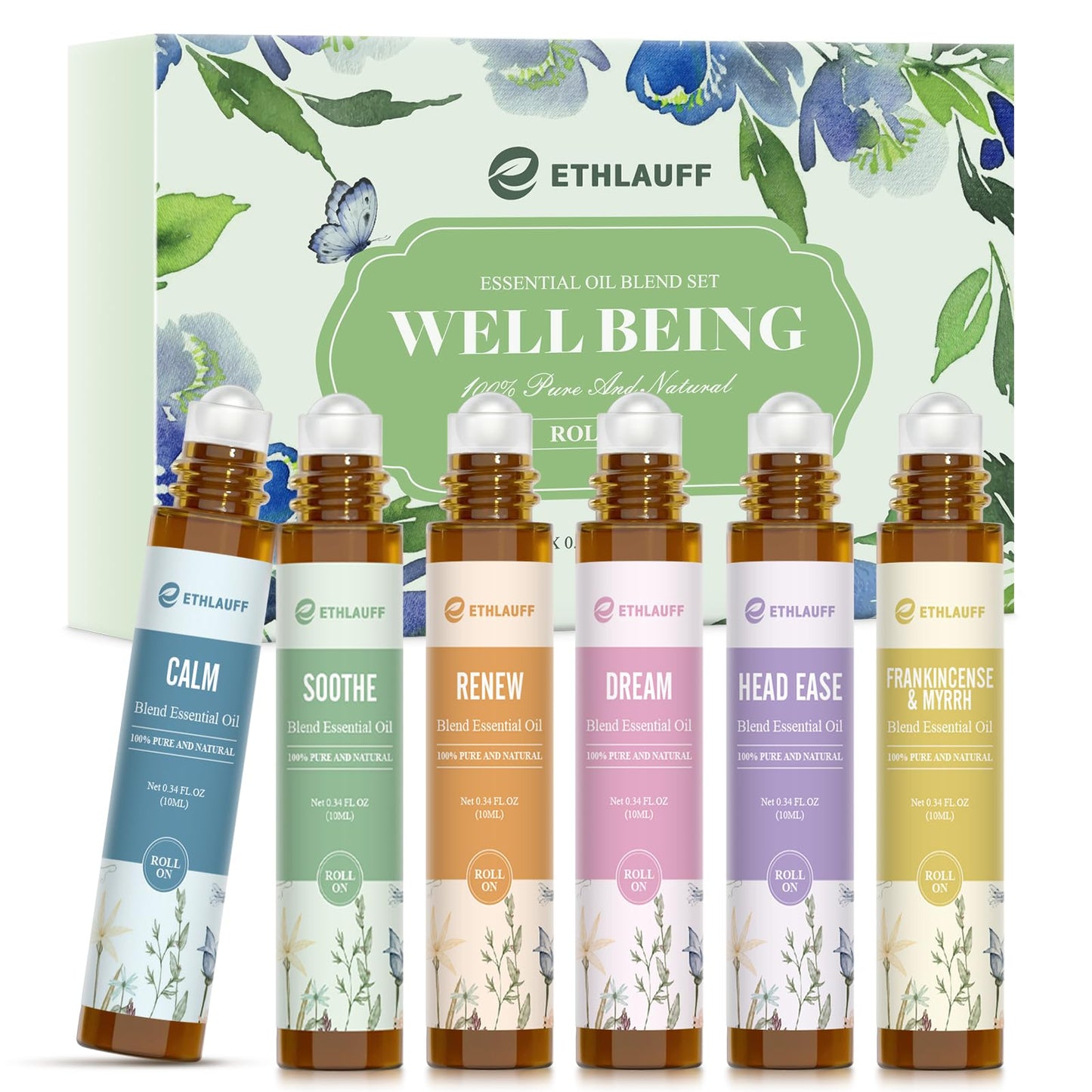 Ethlauff Essential Oil Roll On Set, (Calm,Renew,Dream,Head Relief), Aromatherapy Roll On Blends for Massage, Body Care & Home Use, Stress Relief Gift Men & Women