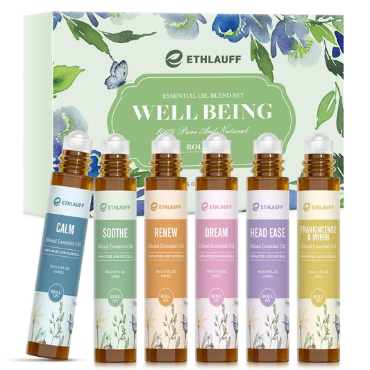Ethlauff Essential Oil Roll On Set, (Calm,Renew,Dream,Head Relief), Aromatherapy Roll On Blends for Massage, Body Care & Home Use, Stress Relief Gift Men & Women