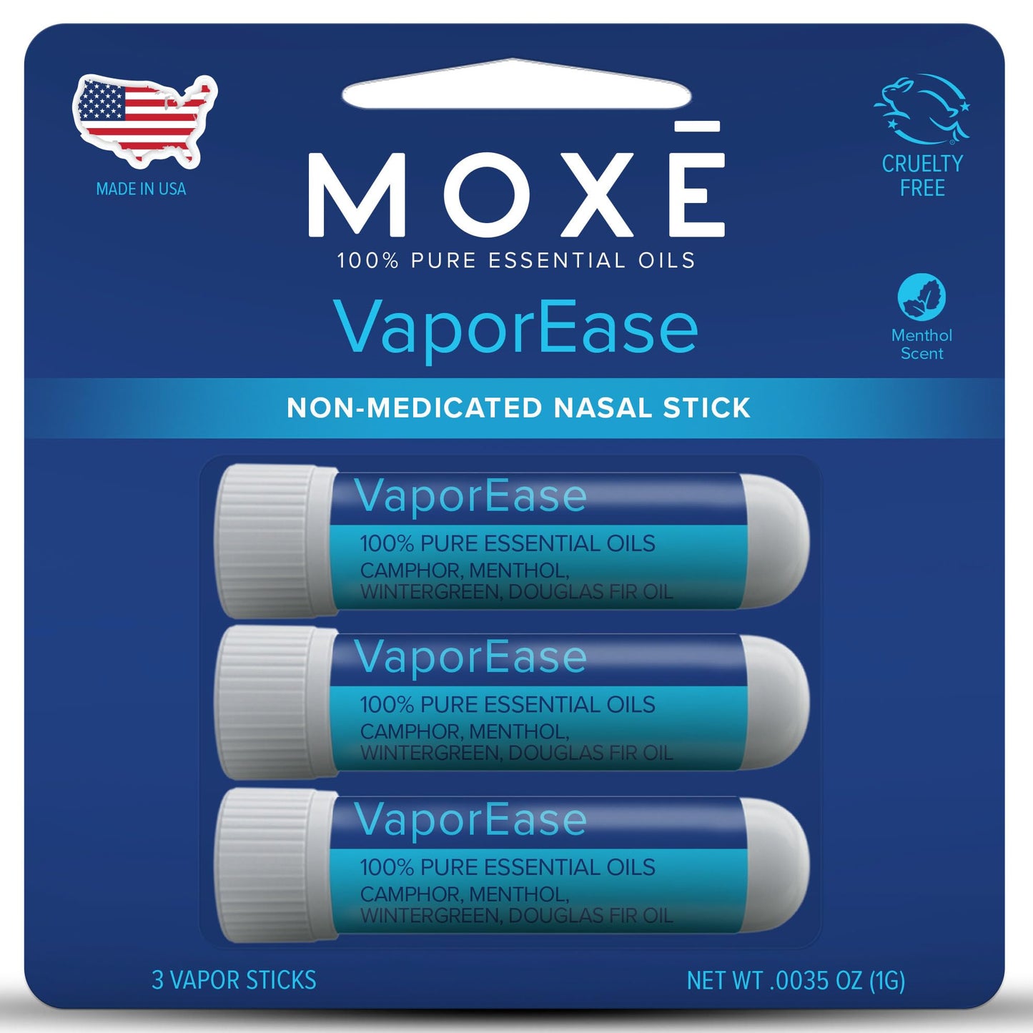MOXE VaporEase, Portable Nasal Inhaler On-The-Go, Non-Medicated, Made in USA, Soothing and Refreshing Vapors, Menthol Scent, 3 Pack
