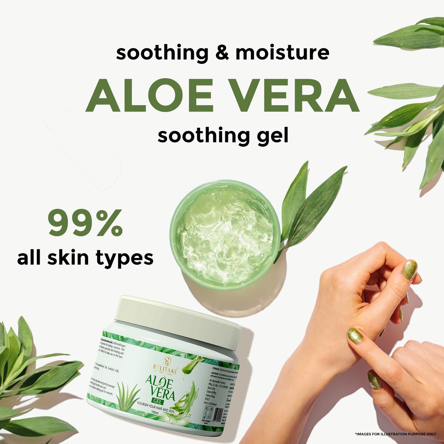 Belitaas 99% Pure Aloe Vera Gel, Hydrating & Soothing Multi-Purpose Gel for Face, Hair & Body, Non-Sticky After-Sun & Shaving Relief, Paraben-Free Unisex Skin Care, 100 g