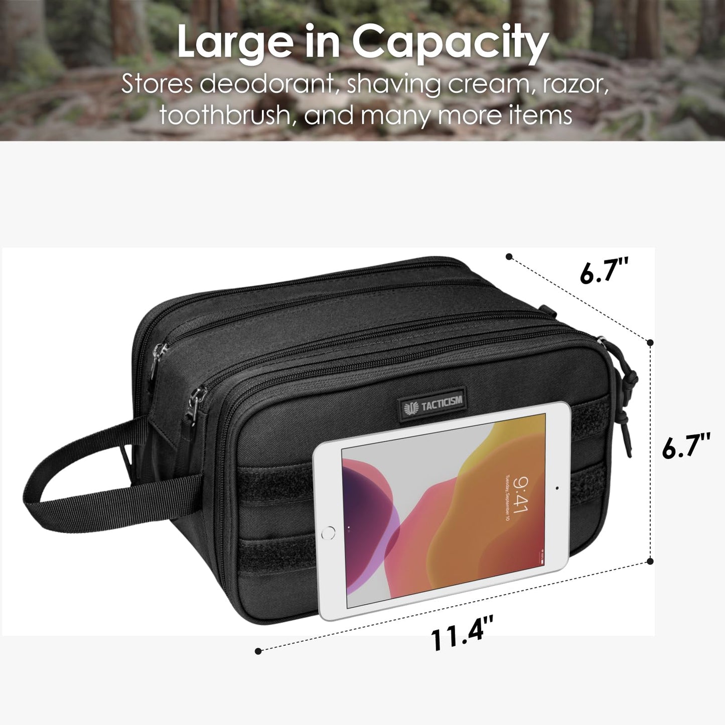 TACTICISM Toiletry Bag for Men - Extra Large Dry Wet Separate Dopp Kit, Tactical Molle Travel Toiletry Bag, Water-Resistant Shaving Bag for Adult, Black