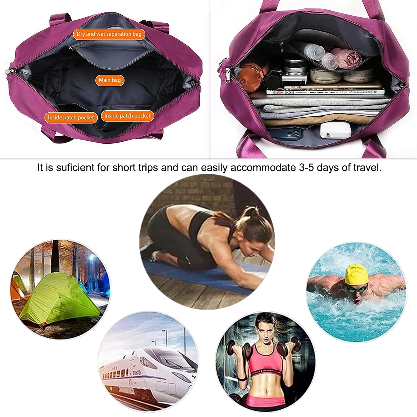 Large Capacity Folding Travel Bag, Lightweight Waterproof Luggage Bag, Expandable Travel Duffel Bag, Dry Wet Separated Gym Tote Bag, Weekender Overnight Bags for Women and Man (Fuchsia)