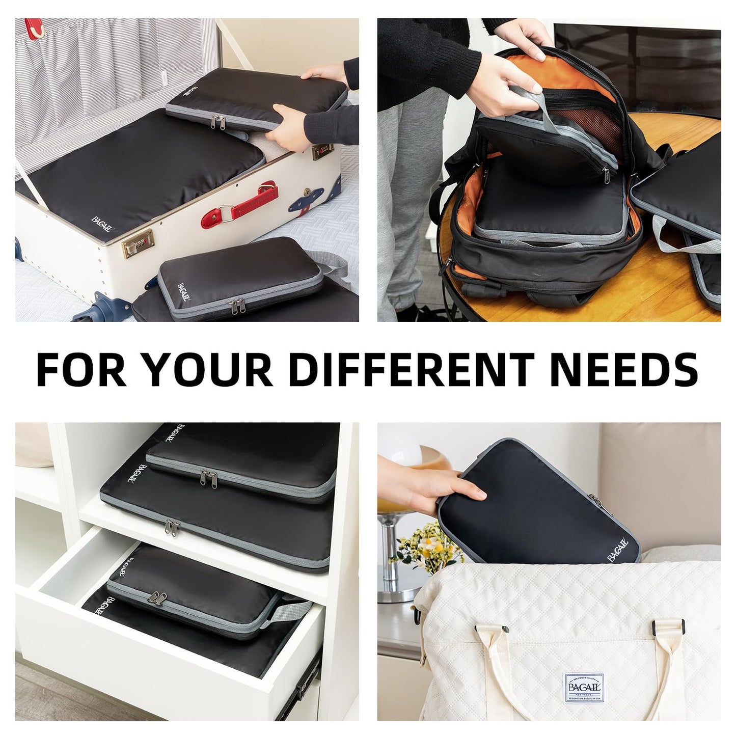 BAGAIL 4 Set/6 Set/8 Set Compression Packing Cubes Travel Accessories Expandable Packing Organizers (Cloth Pattern, 4-Black)