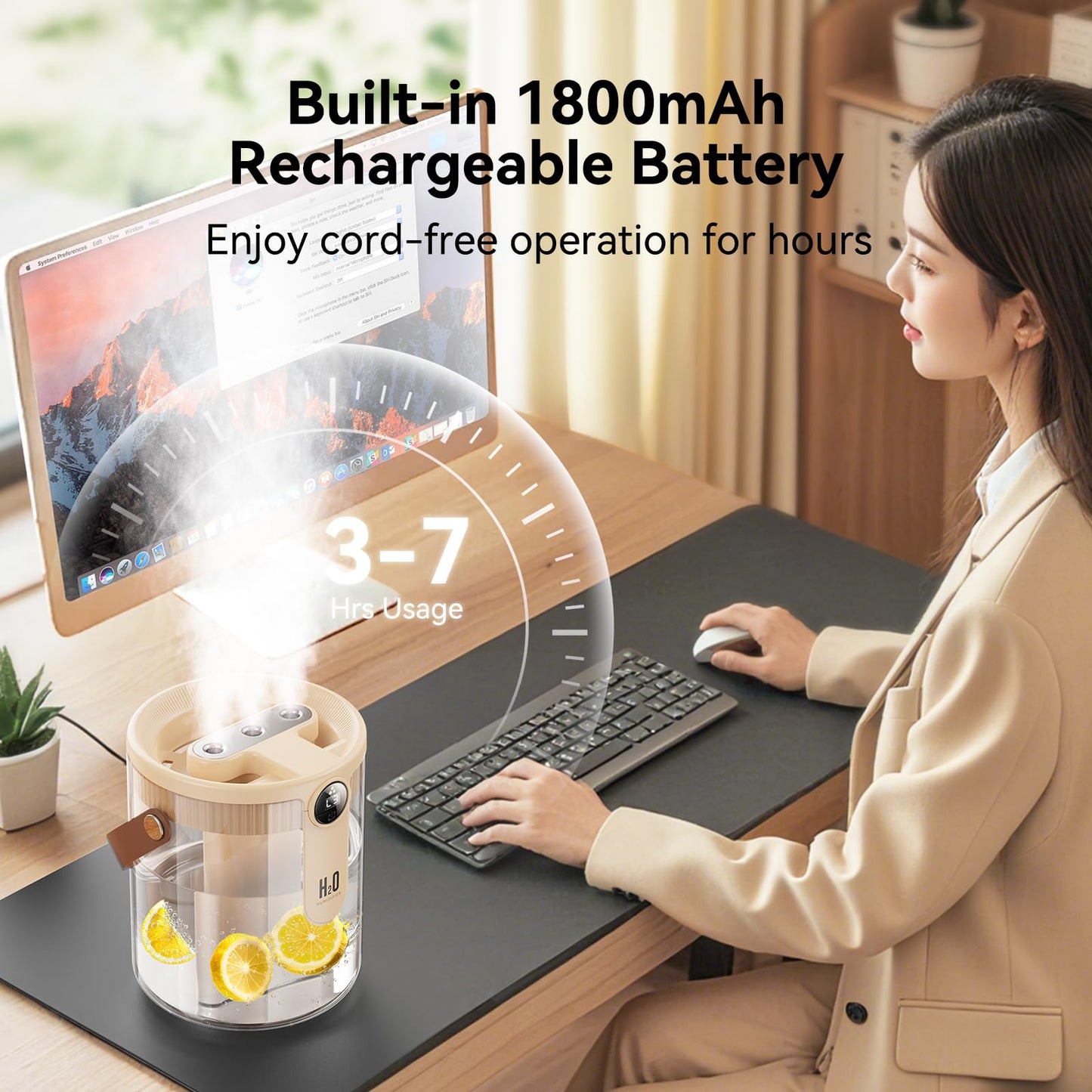 KIMMOO Smart Humidifiers for Bedroom, Rechargeable Top Fill Humidifier with Night Light, 1.4L Cool Mist Humidifier for Office Home Plant and Baby, 3-Speed Mist Control, Quiet, Auto Shut-Off, Beige