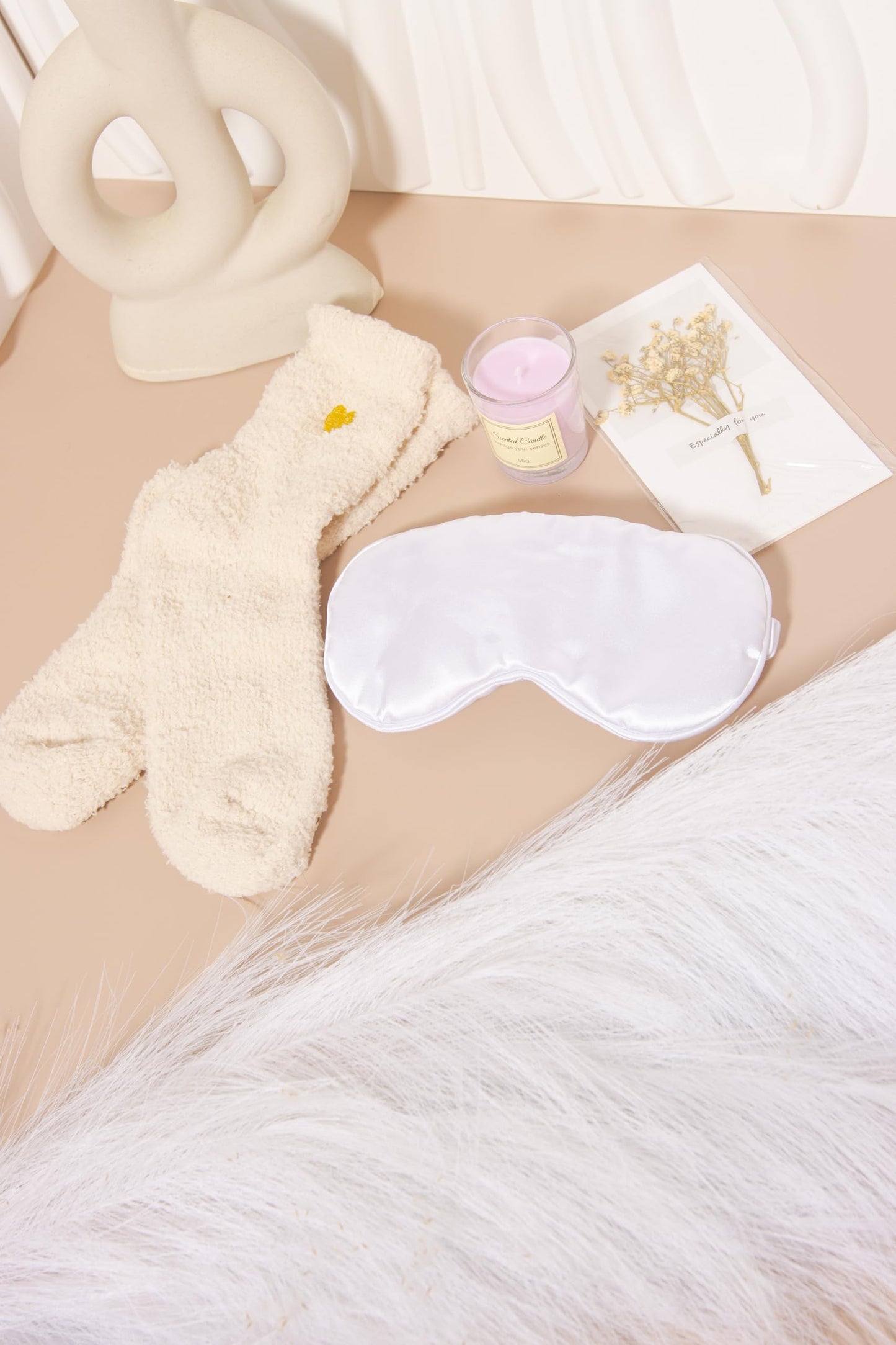 Spa Gift Set for Women – Relaxation Kit with Candle, Fuzzy Socks, Satin Eye Mask – Gift Box for Birthday, Thank You, Bridesmaid (Ivory White)
