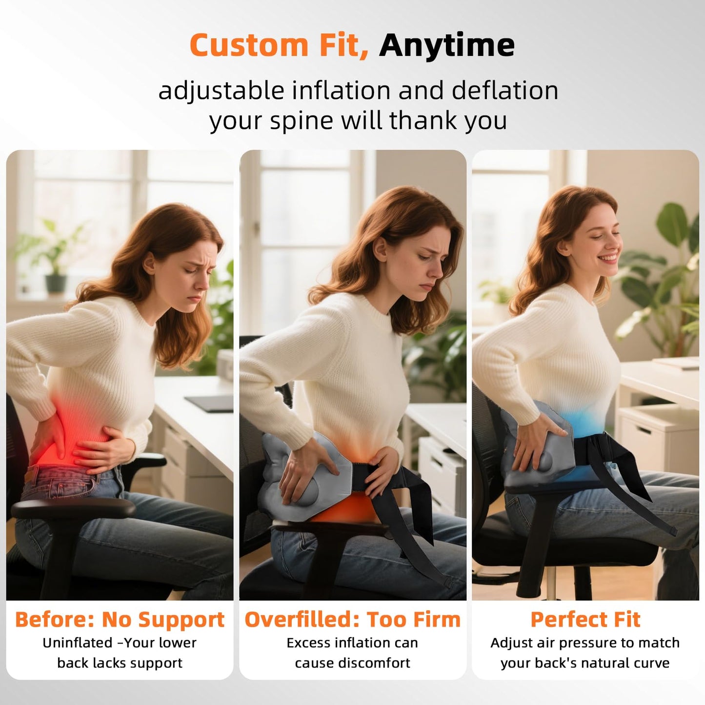 Nufuriri Inflatable Back Support Pillow for Travel – Foldable Travel Back Pillow for Airplane, Office, Car, Home – Adjustable Belt & Hand-Press Inflation, Compact & Lightweight