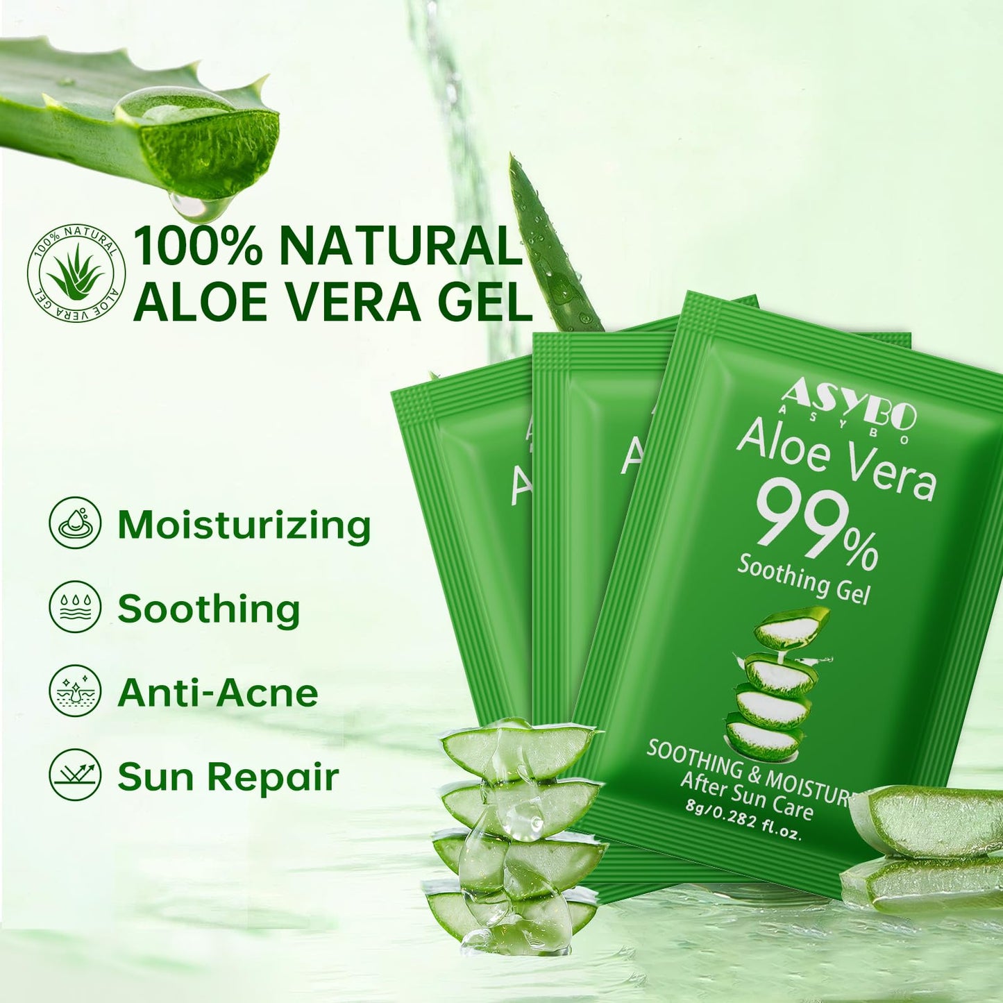 ASYBO 30 Pack Natural Aloe Vera Gel -99% Pure Moisturizing Aloe Vera, Soothing and Hydrating, Sunburn and Scar Repair, Portable Travel Size, After Sun Care for Face Body Hair
