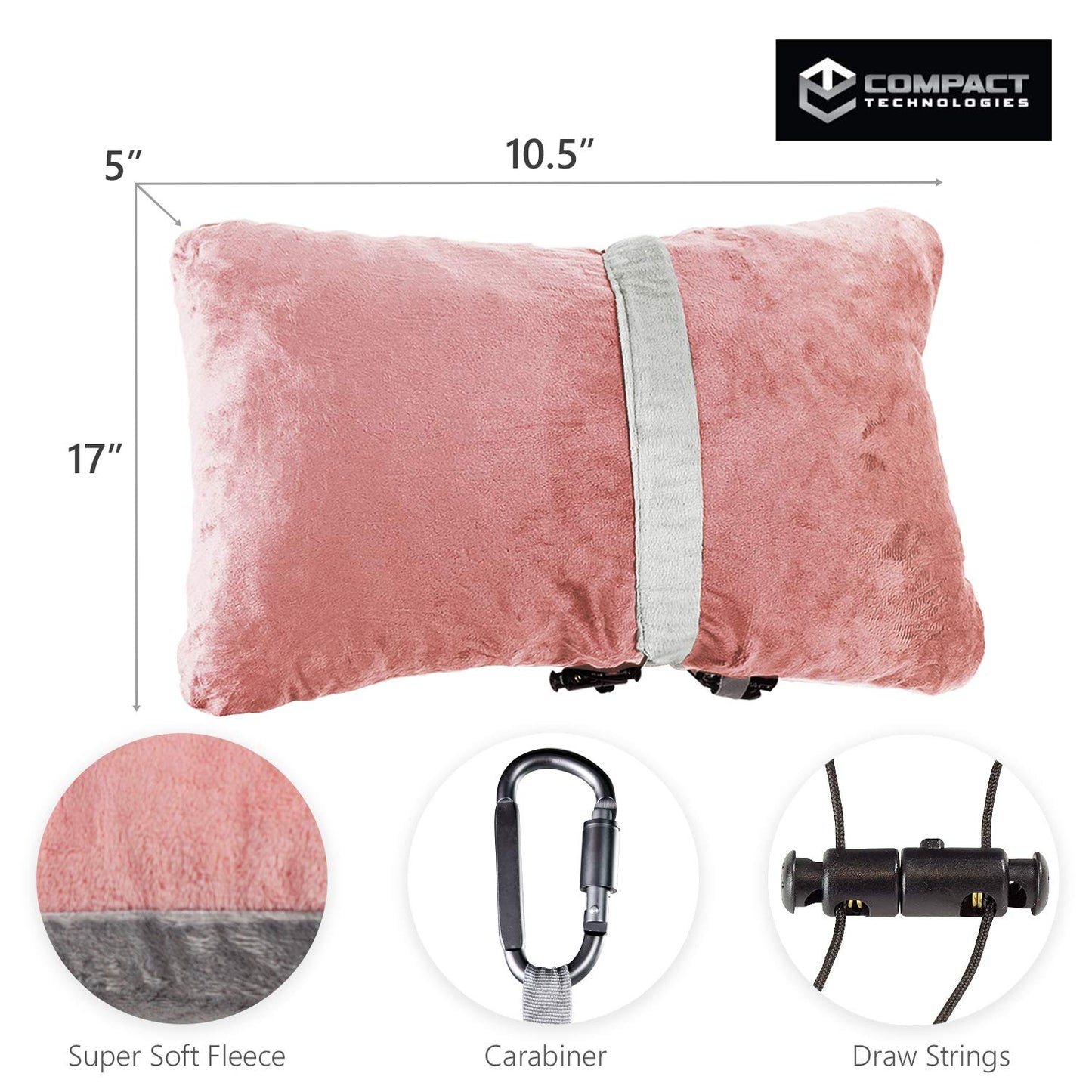 Compact Travel Pillow Made with Shredded Memory Foam and Super Soft Fleece Fabric for Ultimate Comfort in Travel. Patented Design Rolls and Compacts Small for Travel. (Pink)