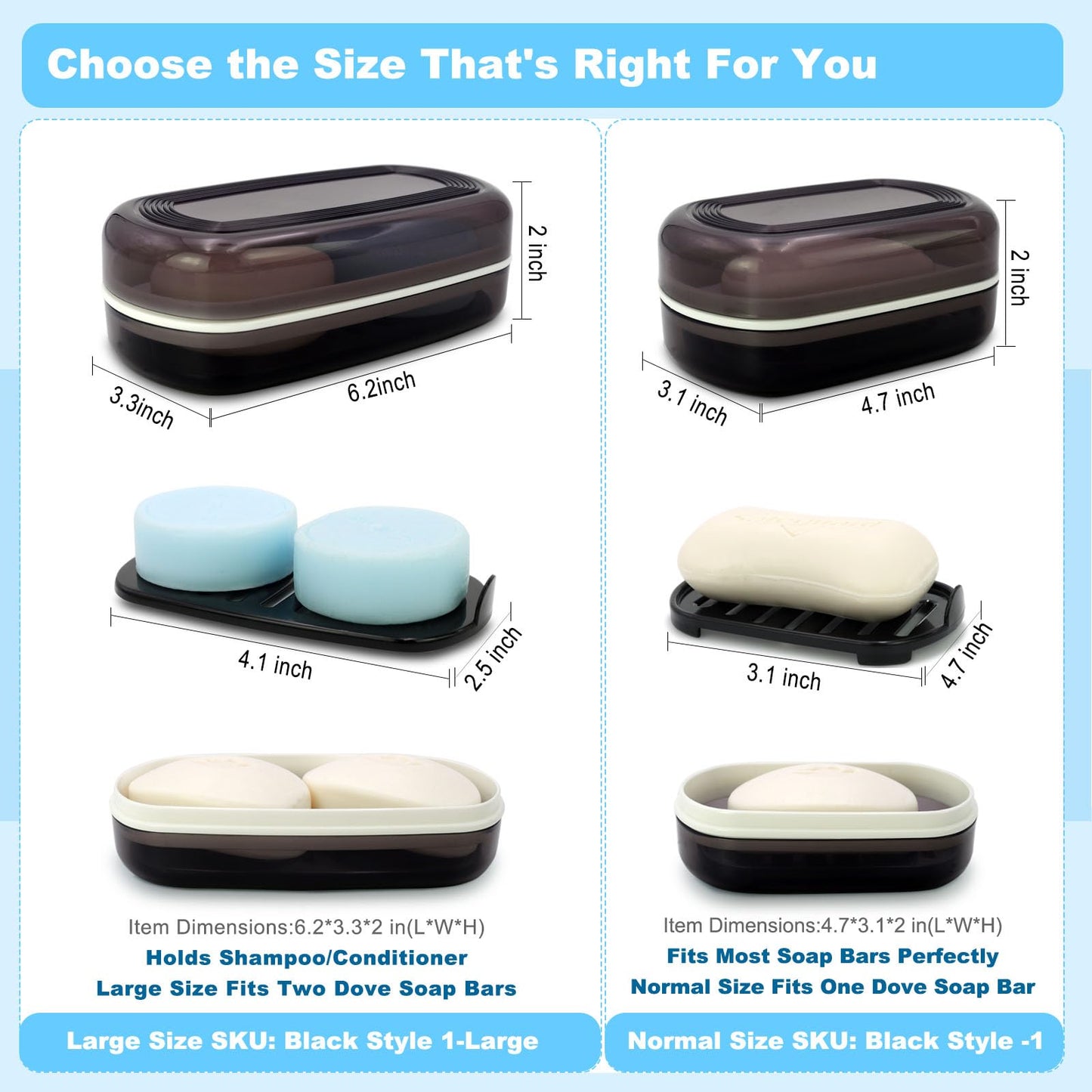 HAYSNA Solid Shampoo Bar Holder, Large Bar Soap Holder, Travel Soap Container, Soap Box with Draining Layer, Soap Case for Bathroom, Traveling, Gym, Camping (Black Style-1-Large)