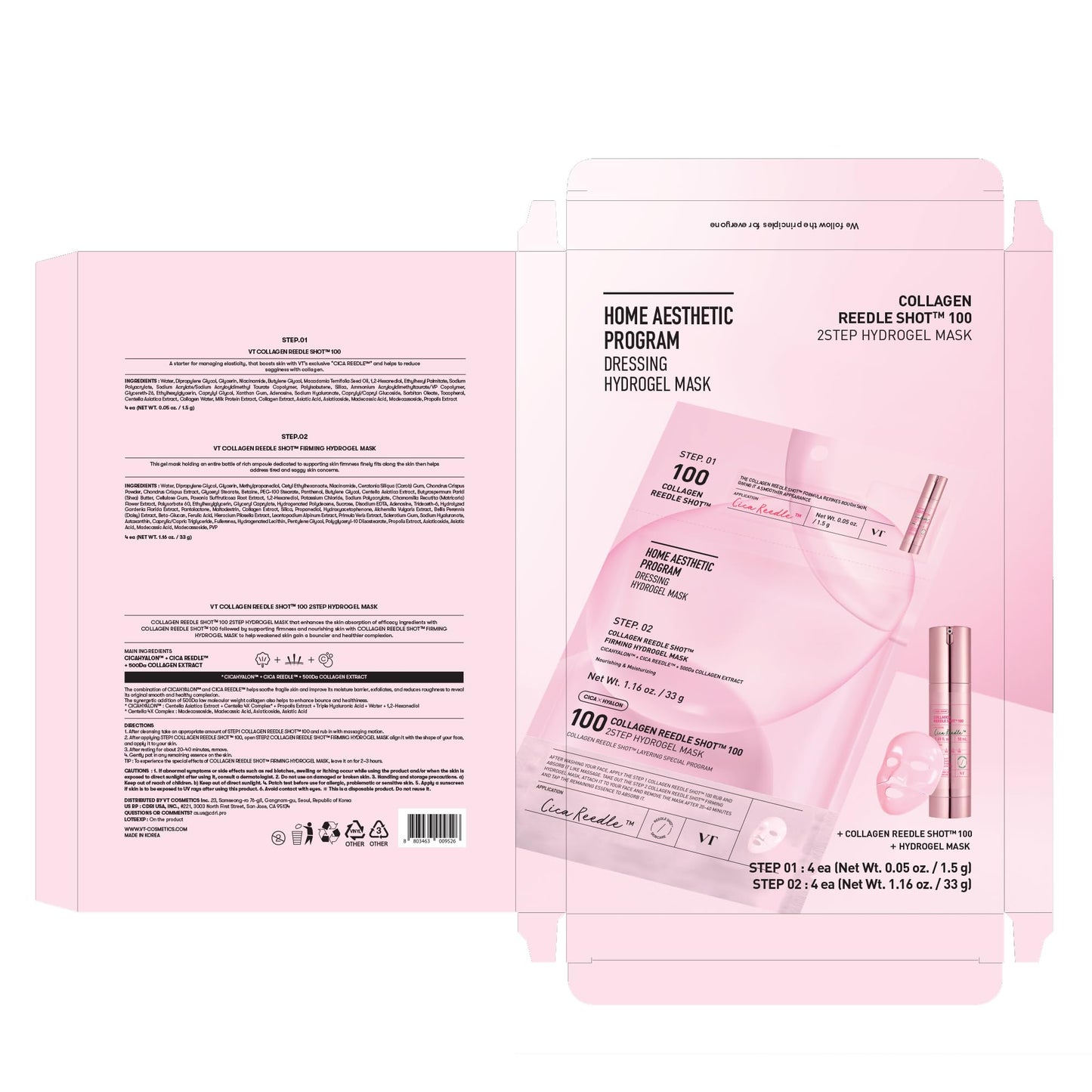 VT COSMETICS Collagen Reedle Shot 100 2-Step Hydrogel Mask(34.5gx4ea), Intensive Firming, Exosome 500Da Collagen, Fine Lines, Overnight Melting Mask, Korean Facial Mask, Pink Collagen