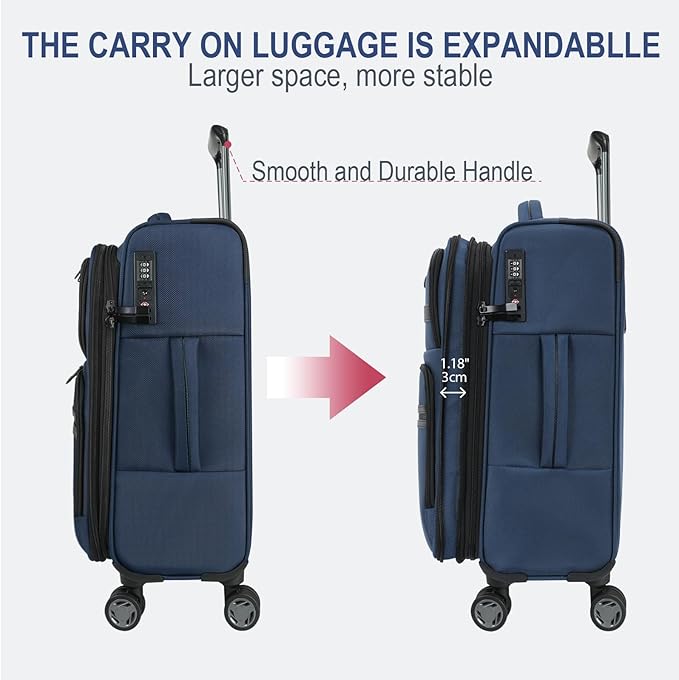 KROSER Softside Expandable Carry On Luggage with Spinner Wheels & Built-in TSA Lock, Durable Suitcase Rolling Luggage with USB Port, Carry-On 20-Inch, Navy