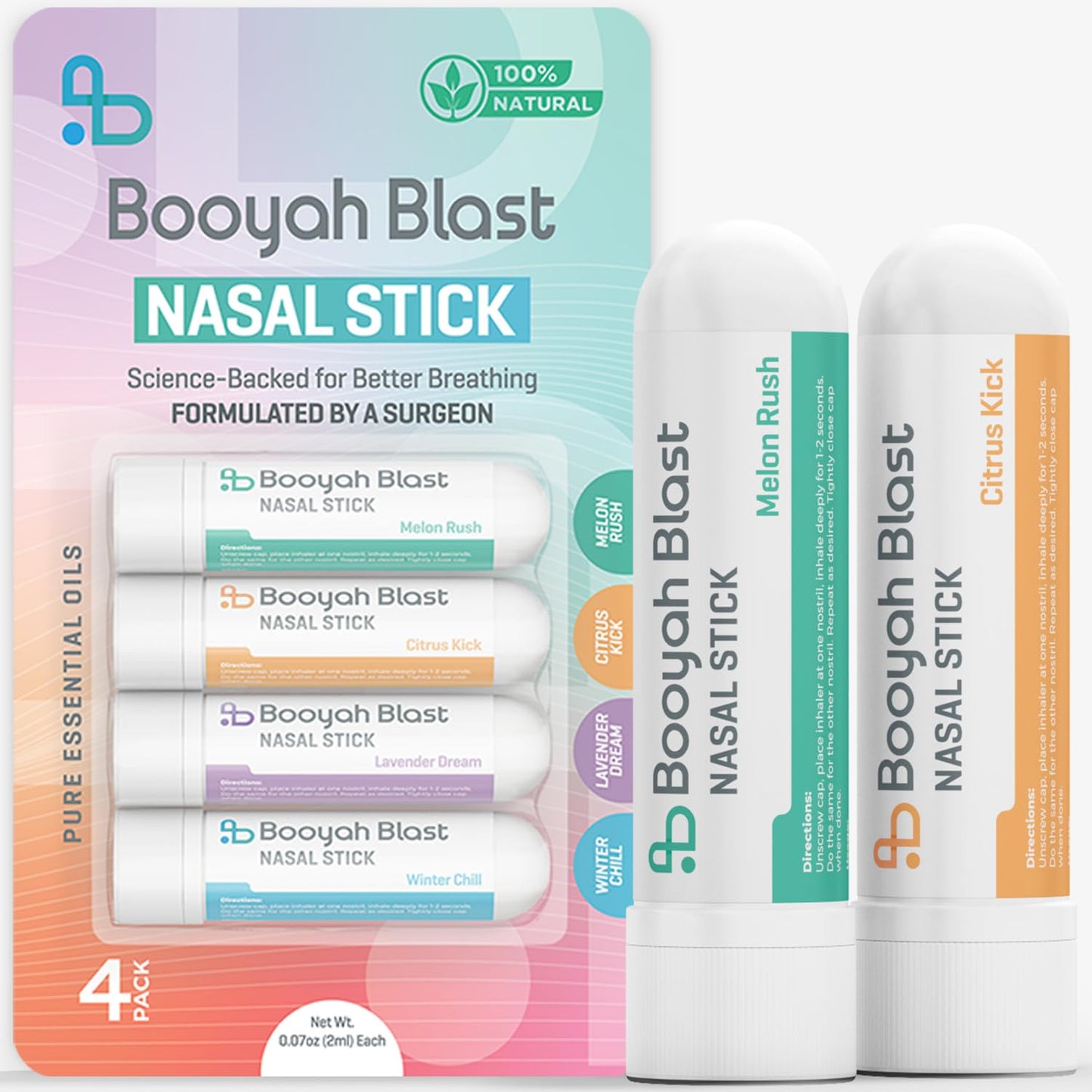 BOOYAH BLAST Nasal Sticks, Natural Sinus Inhaler Stick, Menthol Inhaler, Nasal Inhaler Stick 4PK (Winter Chill, Citrus Kick, Lavender Dream, Melon Rush)