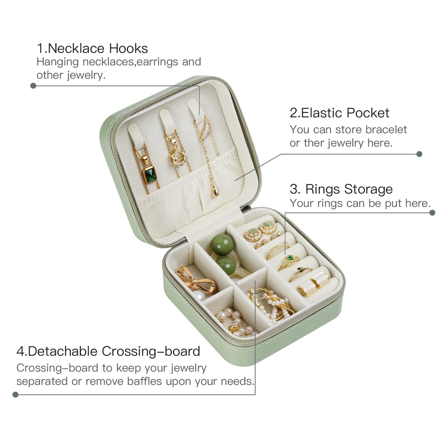 CASEGRACE Travel Jewelry Case, Small Jewelry Box Portable Jewelry Travel Organizer Display Storage Case for Rings Earring Necklace Bracelet, Gift for Women Girls, Green