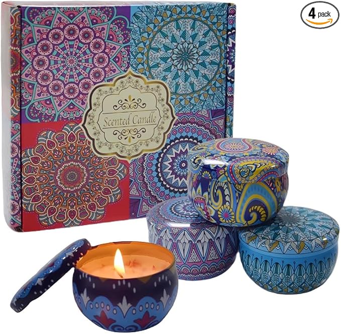 ELEGANTZ Scented Candles Gift Set – 4 Assorted Travel Tin Candles with Flower Petals, Rich Fragrance for Aromatherapy, Home Decor – Perfect for Housewarming, Birthdays, Spa, Bath, Meditation