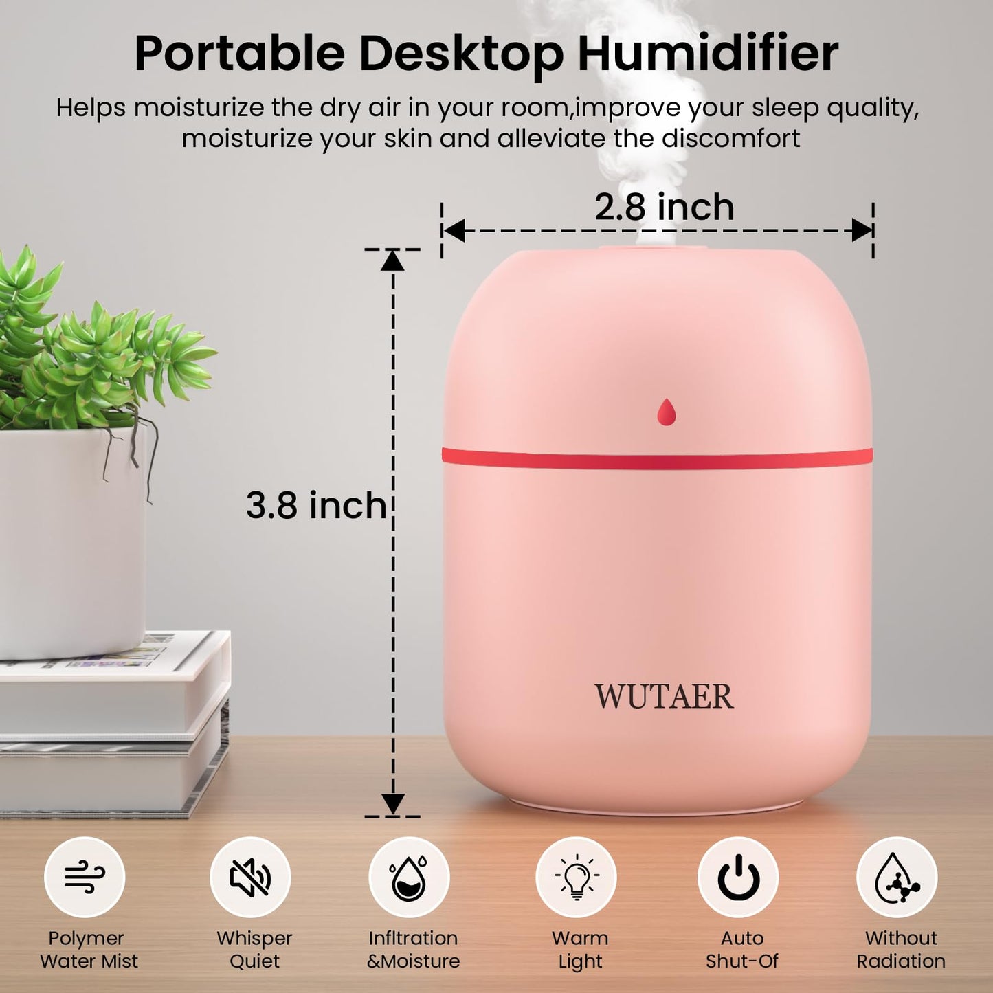 Portable Small Humidifier, WUTAER USB Personal Desktop Humidifier for Car, Office Room, Bedroom, Auto Shut-Off, 2 Mist Modes, Super Quiet(220ml, Pink)