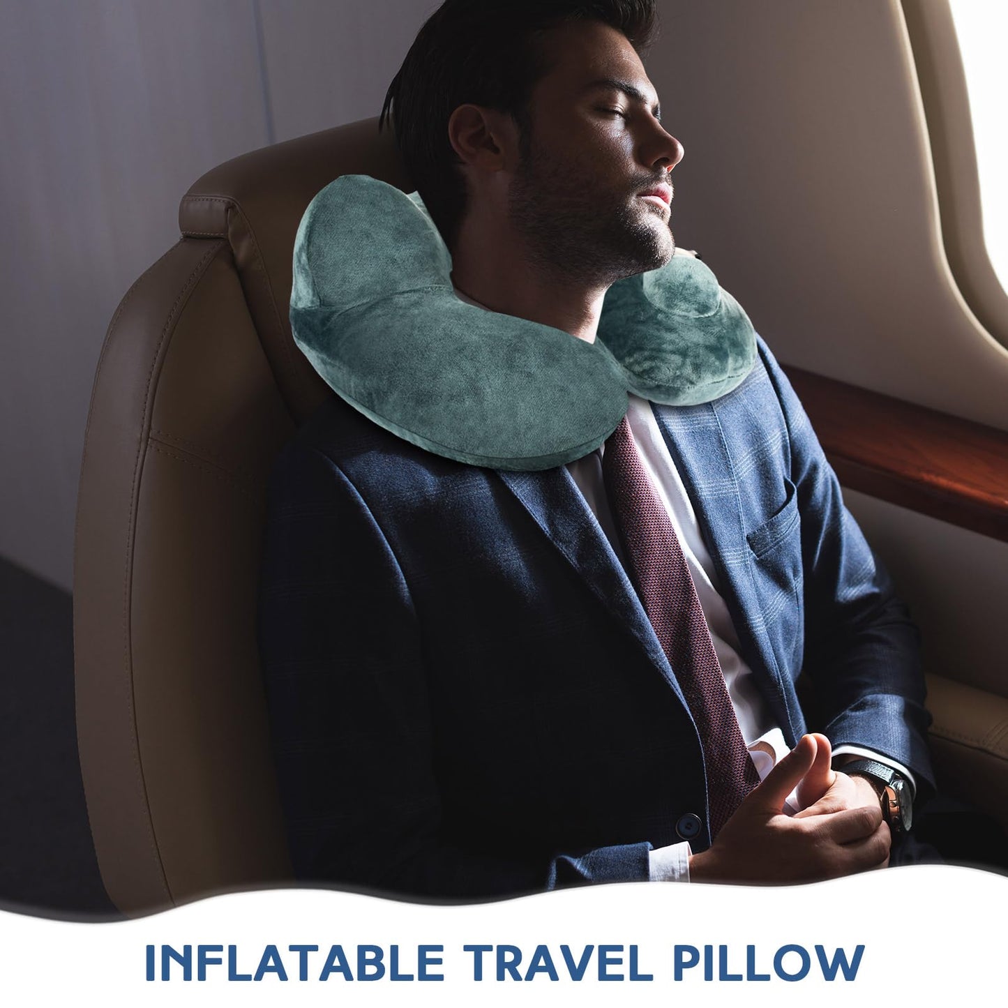 Xtinmee 2Pcs Self-Inflatable Pillow Soft Airplane Travel Pillow with Compact Bag for Long Flight Neck Cushion for Head Support Car Home Office 12.2x11.81x5.91in(Peacock Green, Blue)