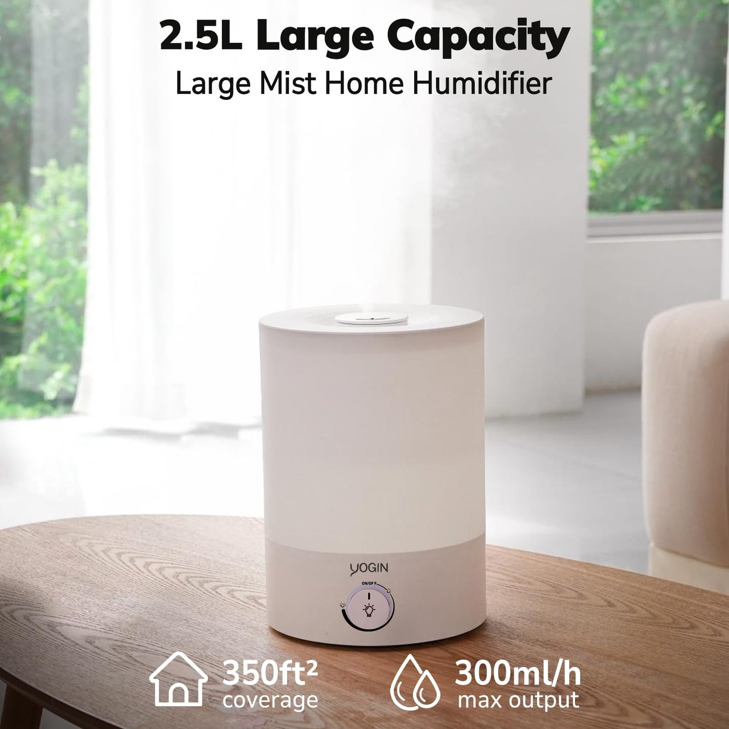 YOGIN Humidifiers for Bedroom Large room,Top fill 2.5L Ultrasonic cool mist Humidifiers for Baby Nursery and Plants,Up to 24 Hours, 24db Quiet,Night Light, Auto Shut Off, Easy Clean Humidifier