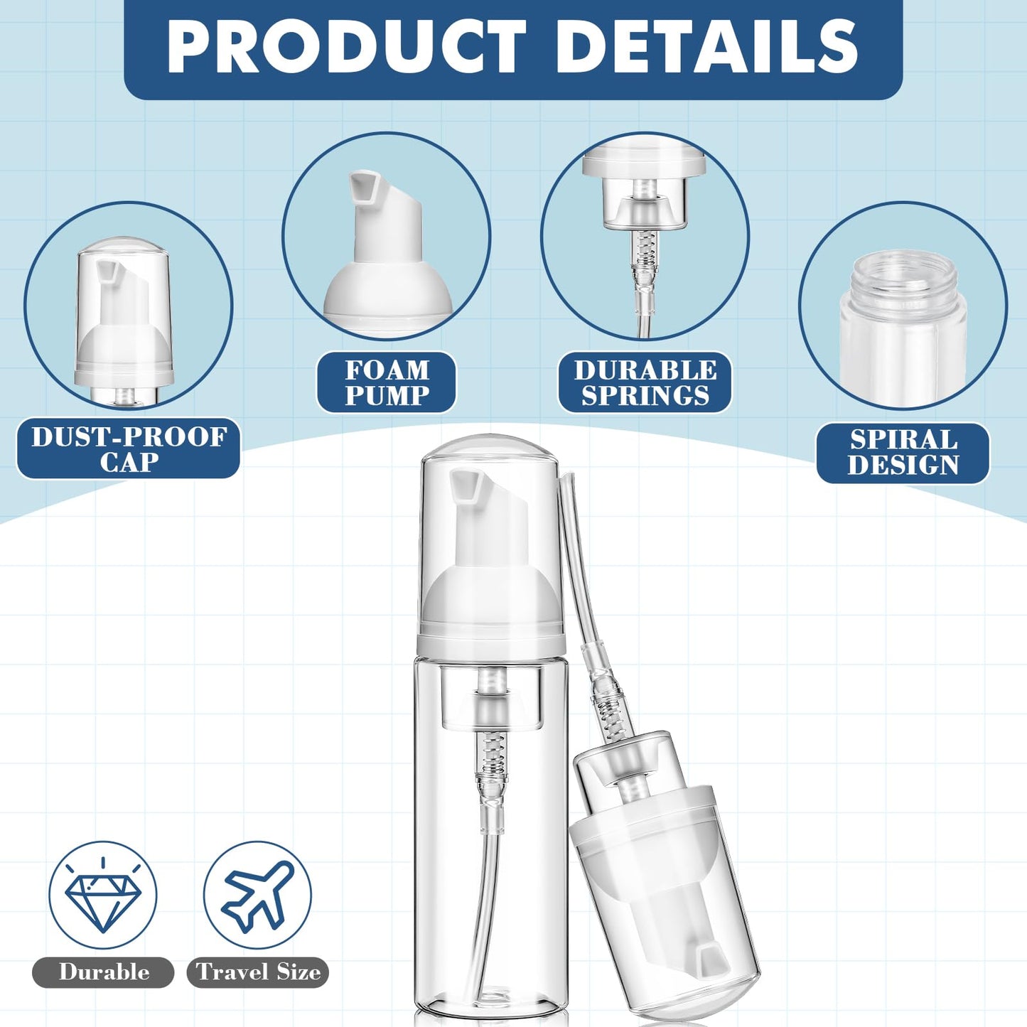 AMORIX 100 Pcs 2 oz Plastic Foam Pump Bottle Refillable 60ml Travel Mousse Foaming Soap Dispenser Mini Eyelash Cleaning Foam Bottle Dispenser for Face Wash Lash Shampoo Skin Care