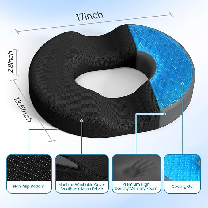 Donut Pillow Seat Cushion - Cooling Gel Floor Pillow, Memory Foam Floor Cushion for Office & Home, Car Seat, Hemorrhoids Pillow, Sciatica & Tailbone Pain Relief Chair Cushion, Black