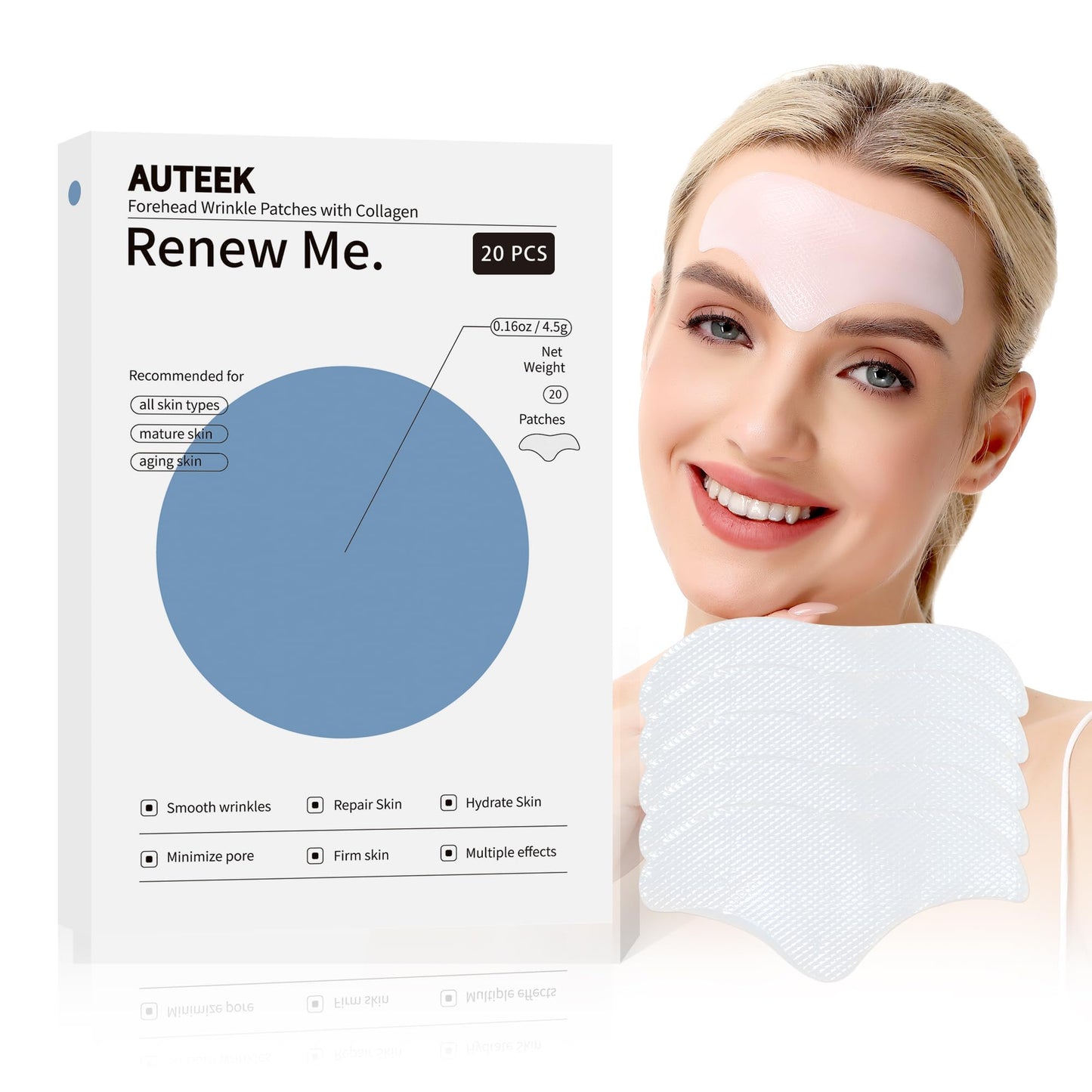 Auteek Forehead Wrinkle Patches Overnight 20pcs with Collagen & Seaweed Polysaccharides, Anti Wrinkle Patches for Smooth Fine Lines & Wrinkles, jelly forehead patches Treatment for Skin Care