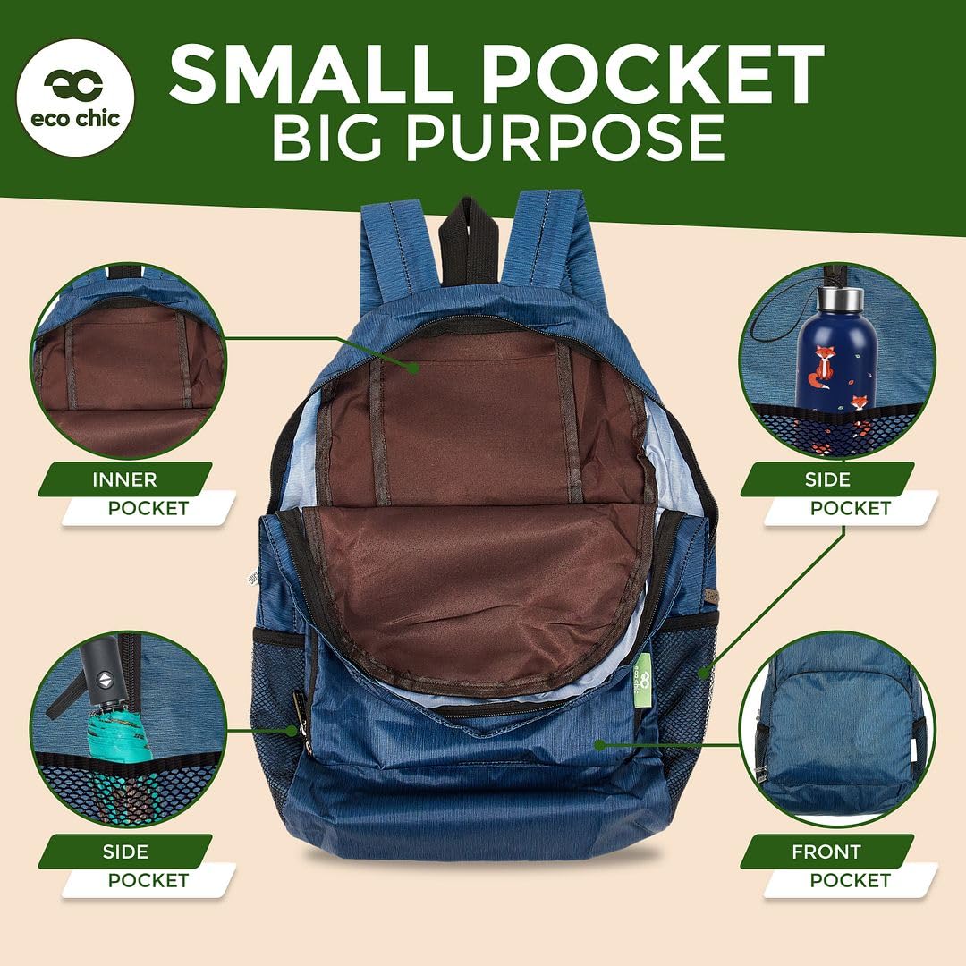 ECO CHIC Hiking Lightweight Packable Backpack - Foldable Daypack for Travel & Hiking & Outdoor Adventures - Waterproof Backpack from Recycled Materials (Floral Navy)
