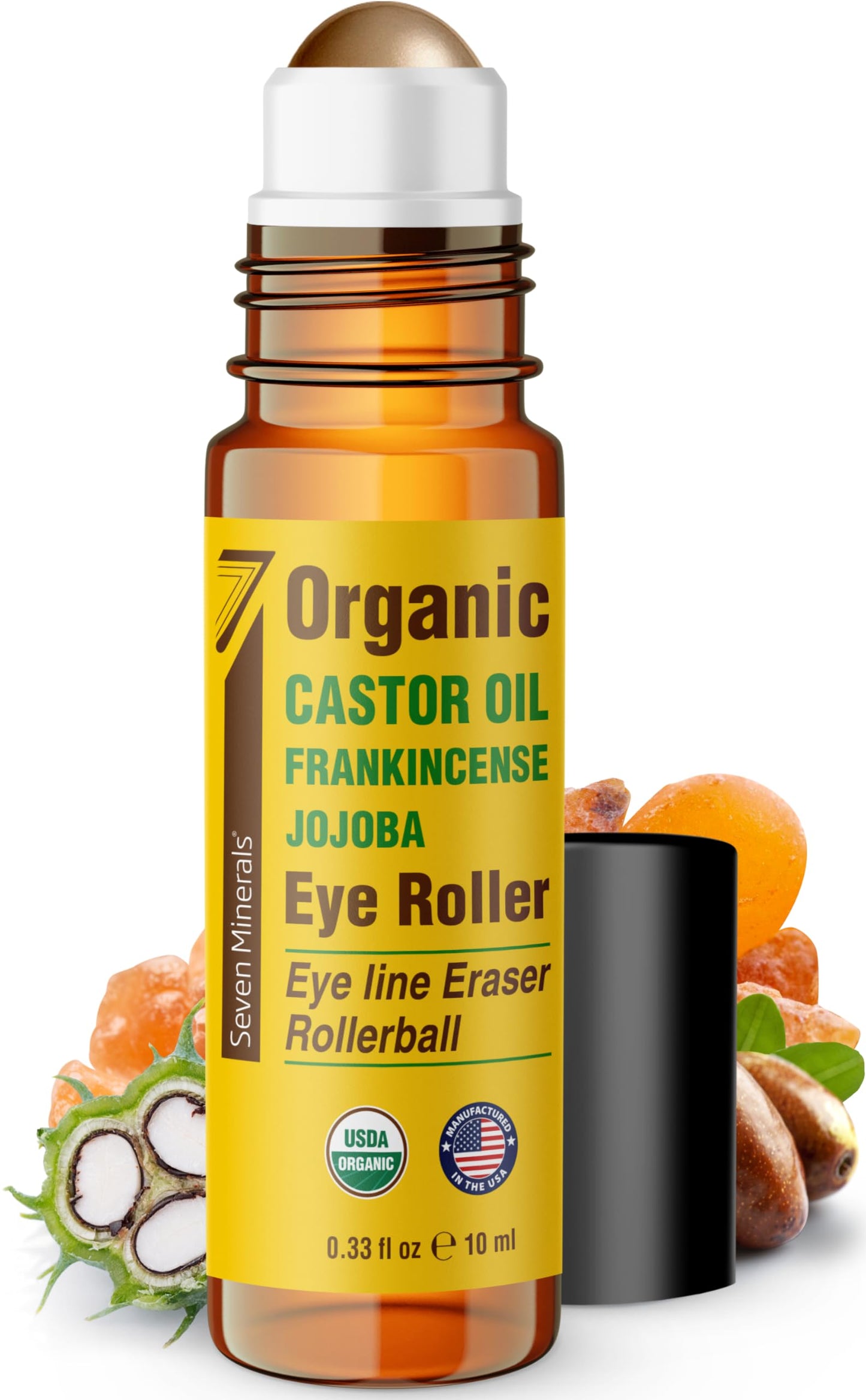 Seven Minerals Castor Oil Roll On Eye Roller for Under Eye Bags, Dark Circles & Wrinkles - Powerful Organic Blend of Castor, Frankincense & Jojoba - Brighten, and Revitalize Skin & Face - 0.33 fl oz
