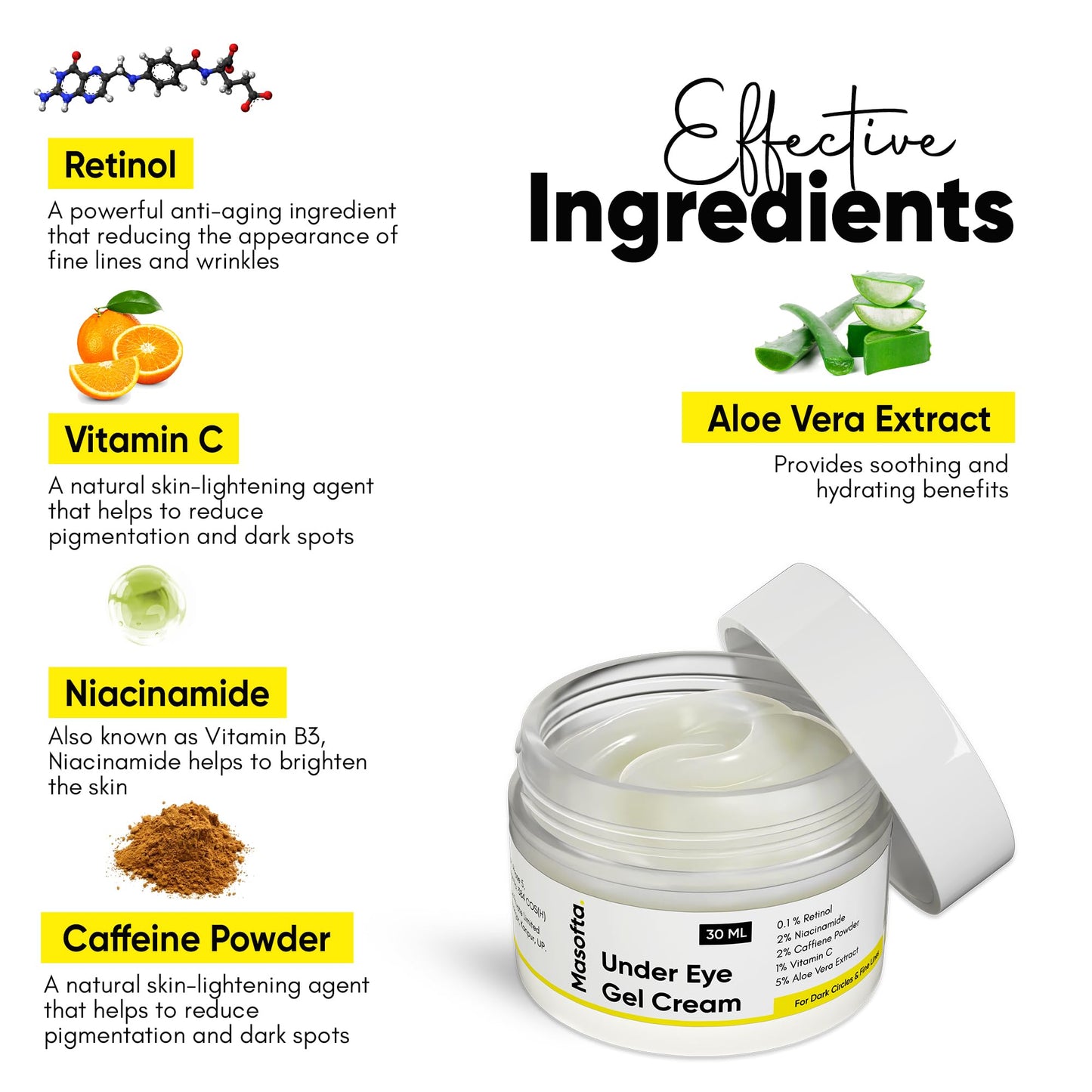 Masofta Under Eye Gel Cream with Retinol, Niacinamide, Caffeine, Vitamin C, & Aloe Vera Extract for Dark Circles, Fine Lines, and Puffy Eyes, For both Men & Women, 30ML