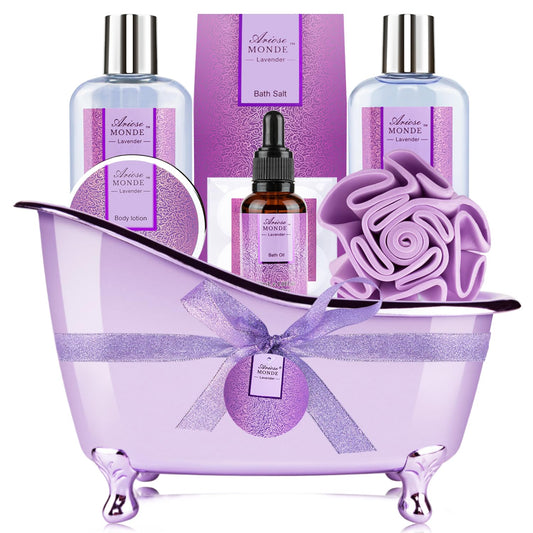 Bath Sets for Women Gift, Bath and Body Gifts Set, Lavender Spa Gift for Self Care Includes Body Lotion, Shower Gel, Bath Salts, Relaxing Bath Sets for Mom, Grandma, Girlfriend, Sister, Friends