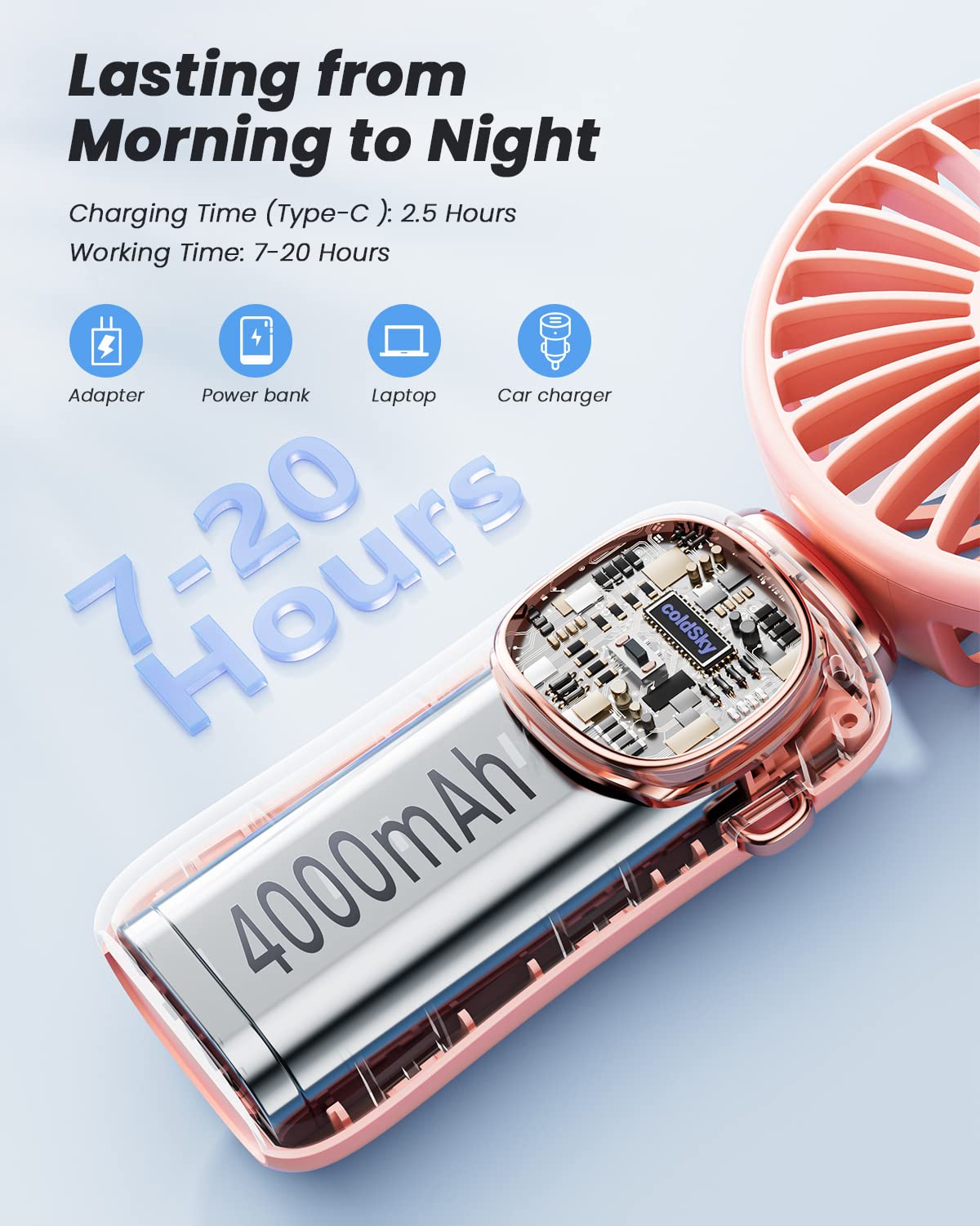 coldSky Portable Handheld Fan, 4000mAh Battery Operated with LED Display, Handheld/Neck/Desk 3 in 1 Personal Small Fan, 90° Foldable Desk Fan with Base, 5 Speed Lash Makeup Fan for Women