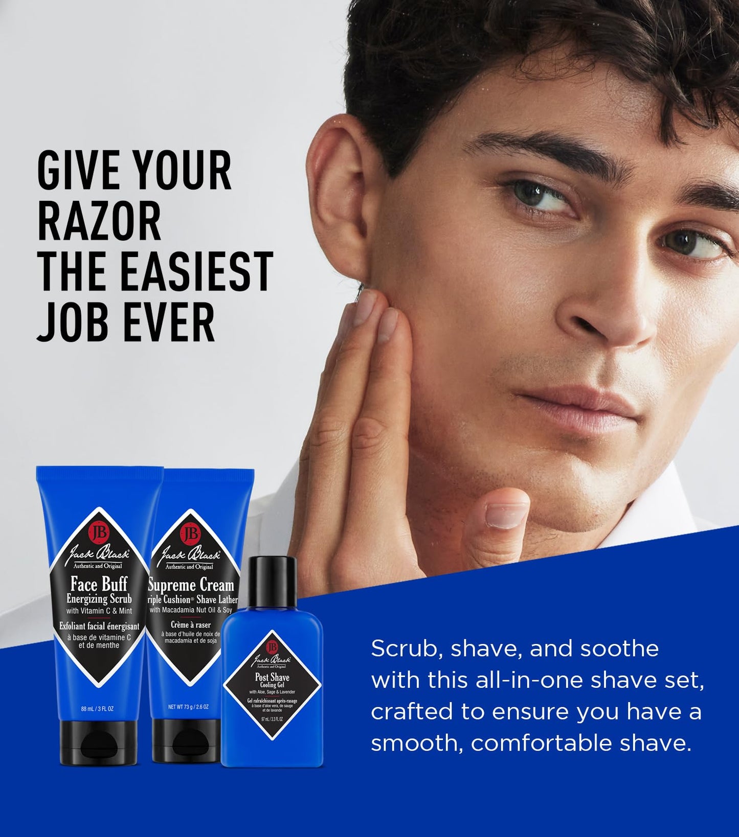 Jack Black Three You Need Shave Essentials Set for Men – Face Scrub, After Shave Cooling Gel, Shave Lather, Mens Skin Care Kit, Men's Skincare Gift Set