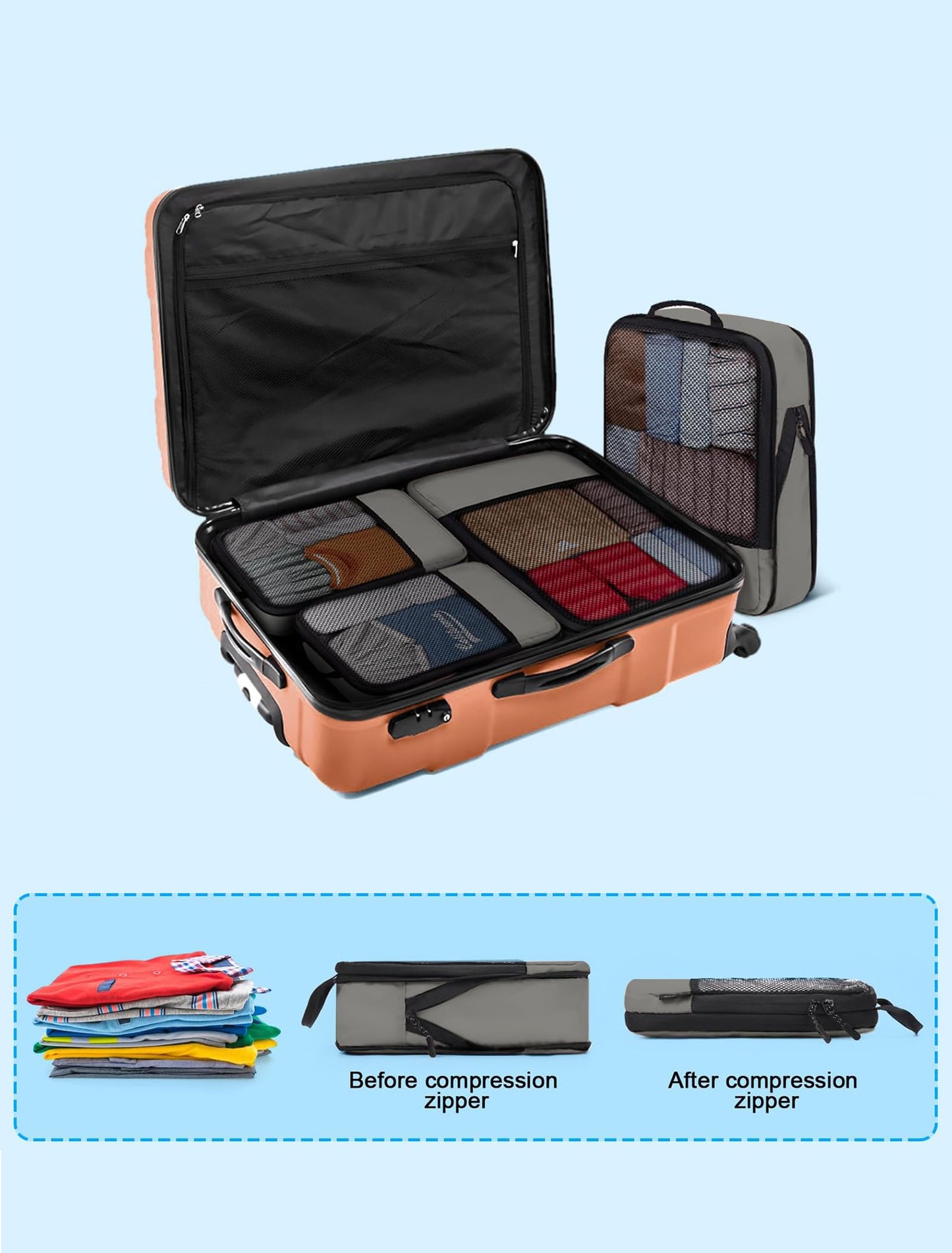 4 PCS Set Compression Packing Cubes for Travel, Lightweight Packaging Organizer Bags for Carry On Space Saving, Travel Essentials Cubes for Suitcase Backpack, Grey