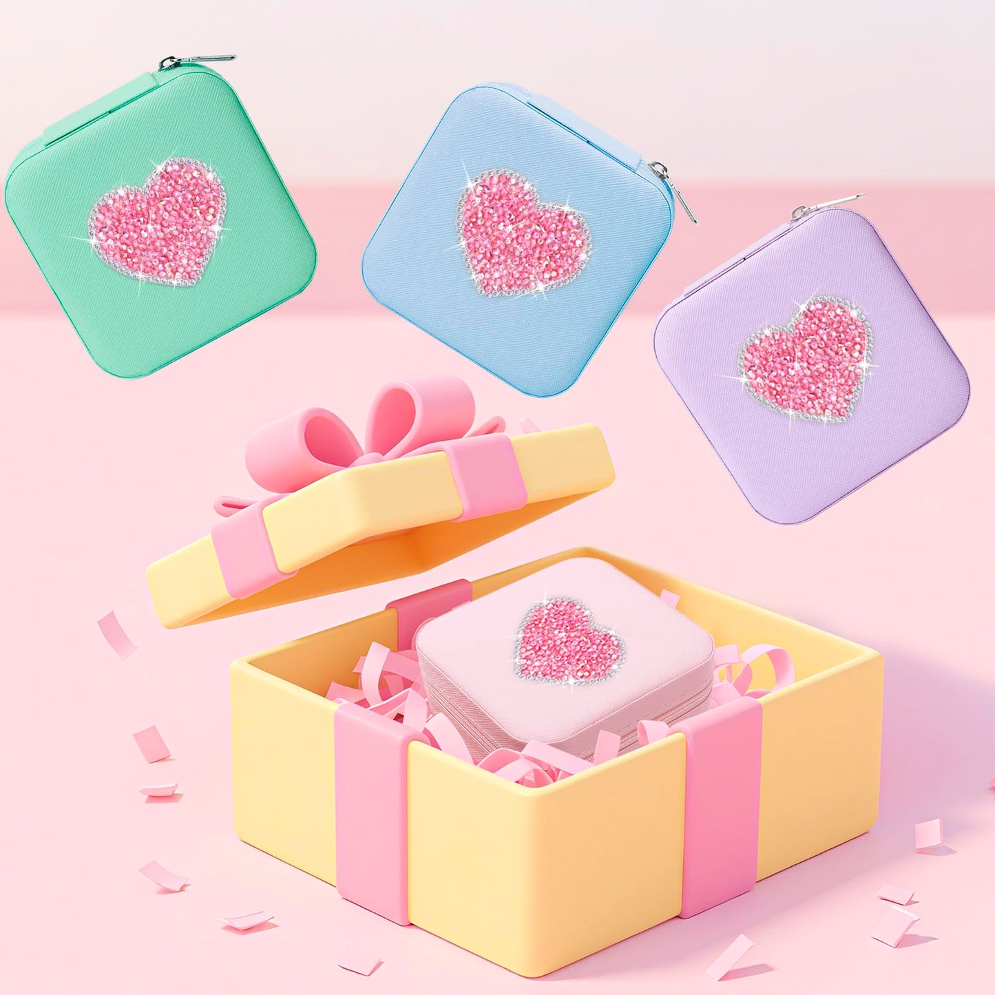 Bling Heart Rhinestone Jewelry Box Gifts for Teen Girls Kids Women,Trendy Sparkly Jewelry Case,Glitter Cute Travel Jewelry Box Organizer,Personalized Holiday Christmas Gifts,Small Size (Pink-Heart)