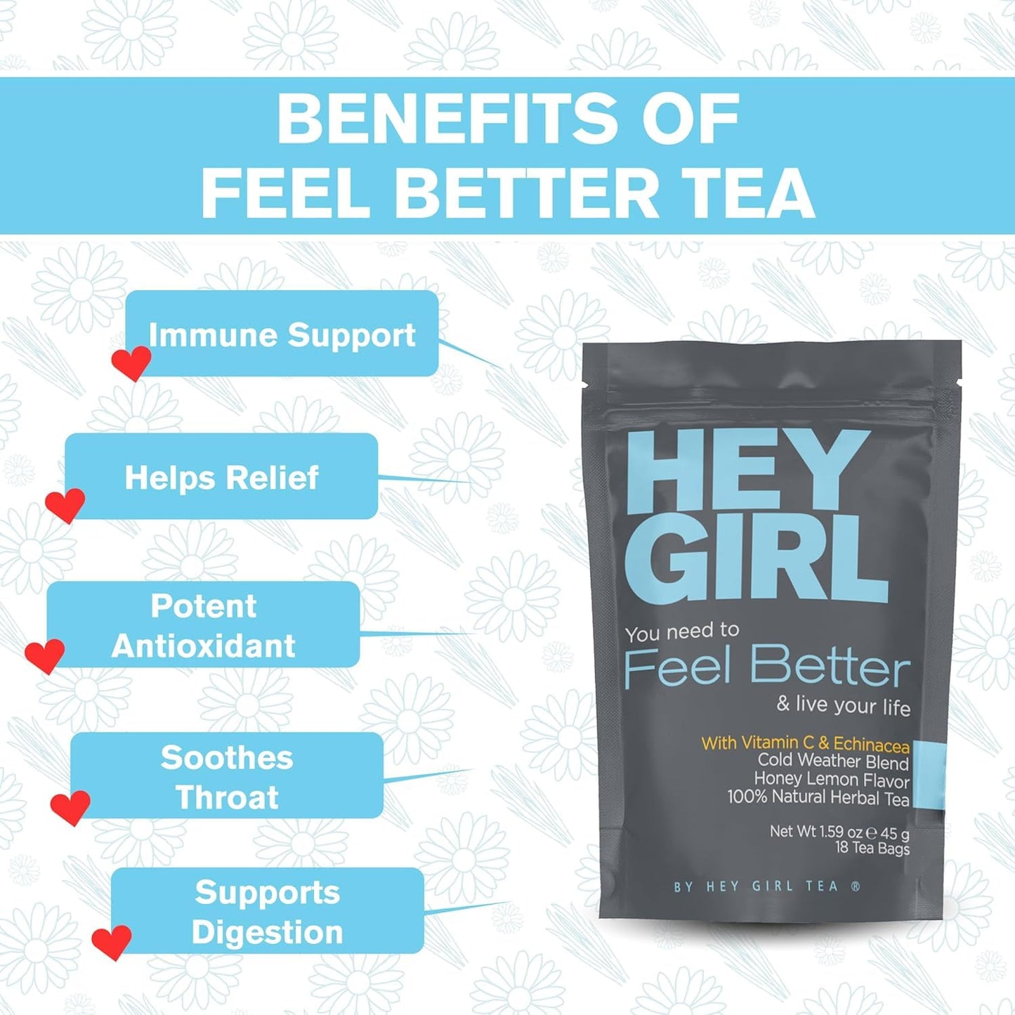 Hey Girl Tea + Tea Bottle Bundle - Feel Better Herbal Tea - Immune Support, Immune Booster plus Glass Infuser Bottle with Tea Diffuser - Insulated Travel Thermos Tumbler For Loose Leaf Tea, Tea Bags