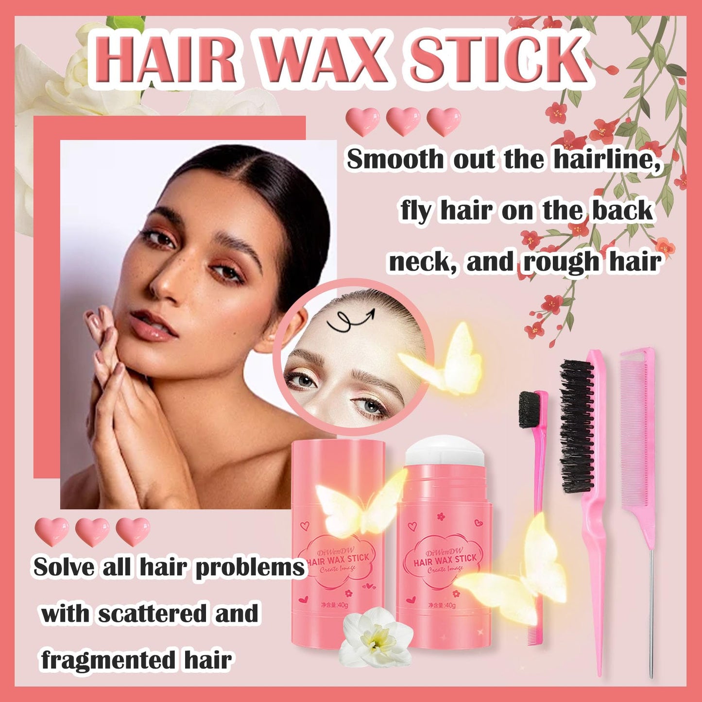 Hair Wax Stick & Hair Styling Combs Set 4 Pcs,Moisturizing Non-Greasy Hair Styling Wax Stick for Edge Control on Wigs And Hair,Lightweight Hair Slick Balm Stick for Flyaways Edge Frizz Hair