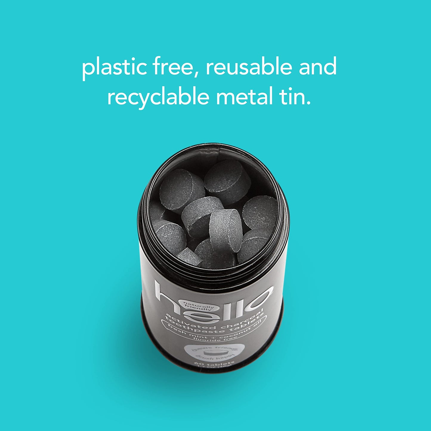 Hello Activated Charcoal Teeth Whitening Eco Friendly Travel Toothpaste Tablets, Fresh Mint and Coconut Oil, Fluoride Free, TSA Compliant, Vegan, SLS Free, Plastic-Free, 60 Tablets