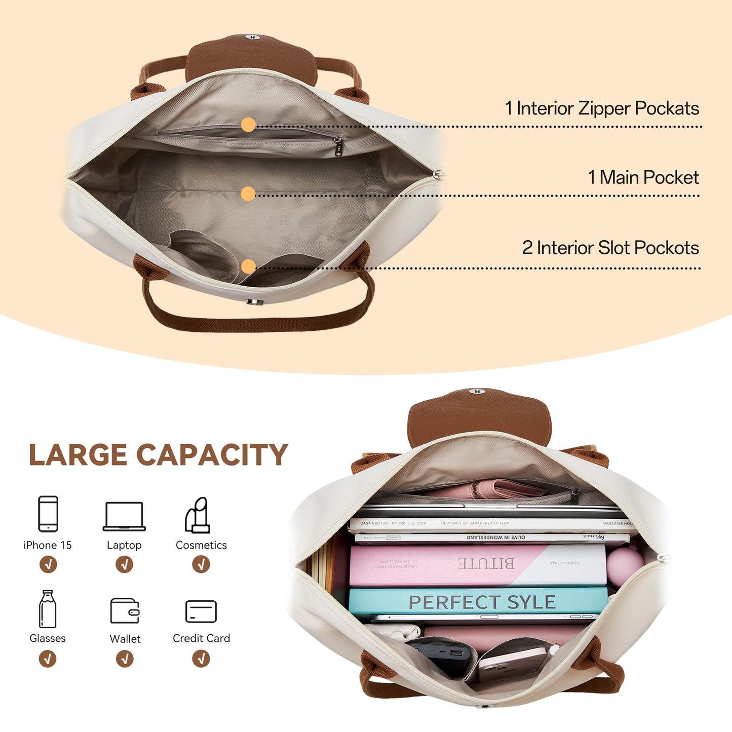 KALIDI Tote Bag for Women Nylon Top-Handle Purse,Shoulder Hobo handBag with Zipper Leisure Foldable Weekend Beige