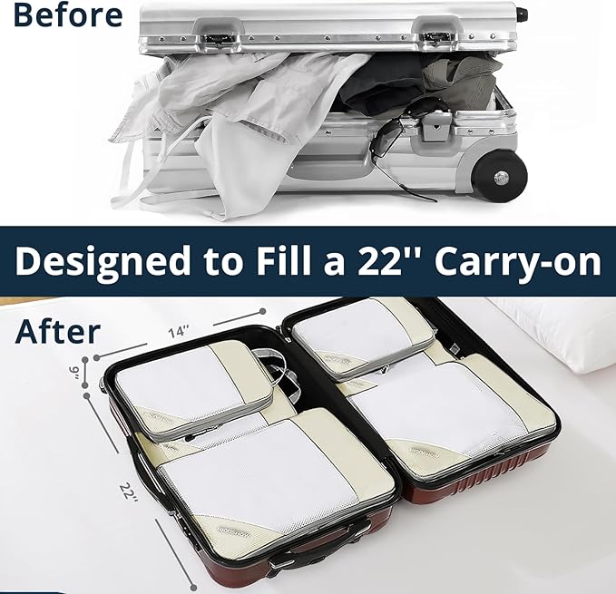 9 Set Compression Packing Cubes for Travel - Compressible, Lightweight, and Space-Saving Packing Cubes, Travel Essentials for Women, Beige