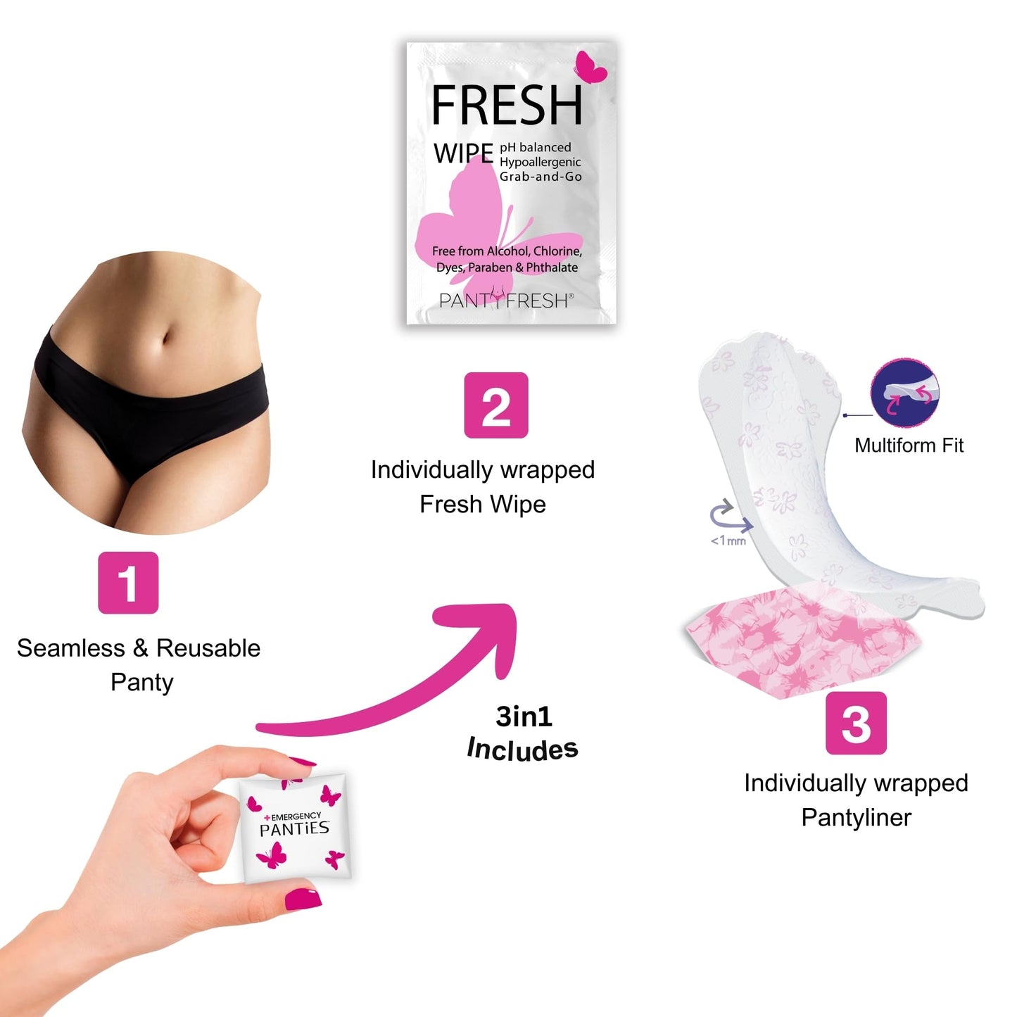 Emergency Panties 4in1 Kit Includes Seamless Bikini Underwear, Fresh Wipe & Liner Accidents Travel On-The-Go Hygiene Toiletry Kit Black Bikini