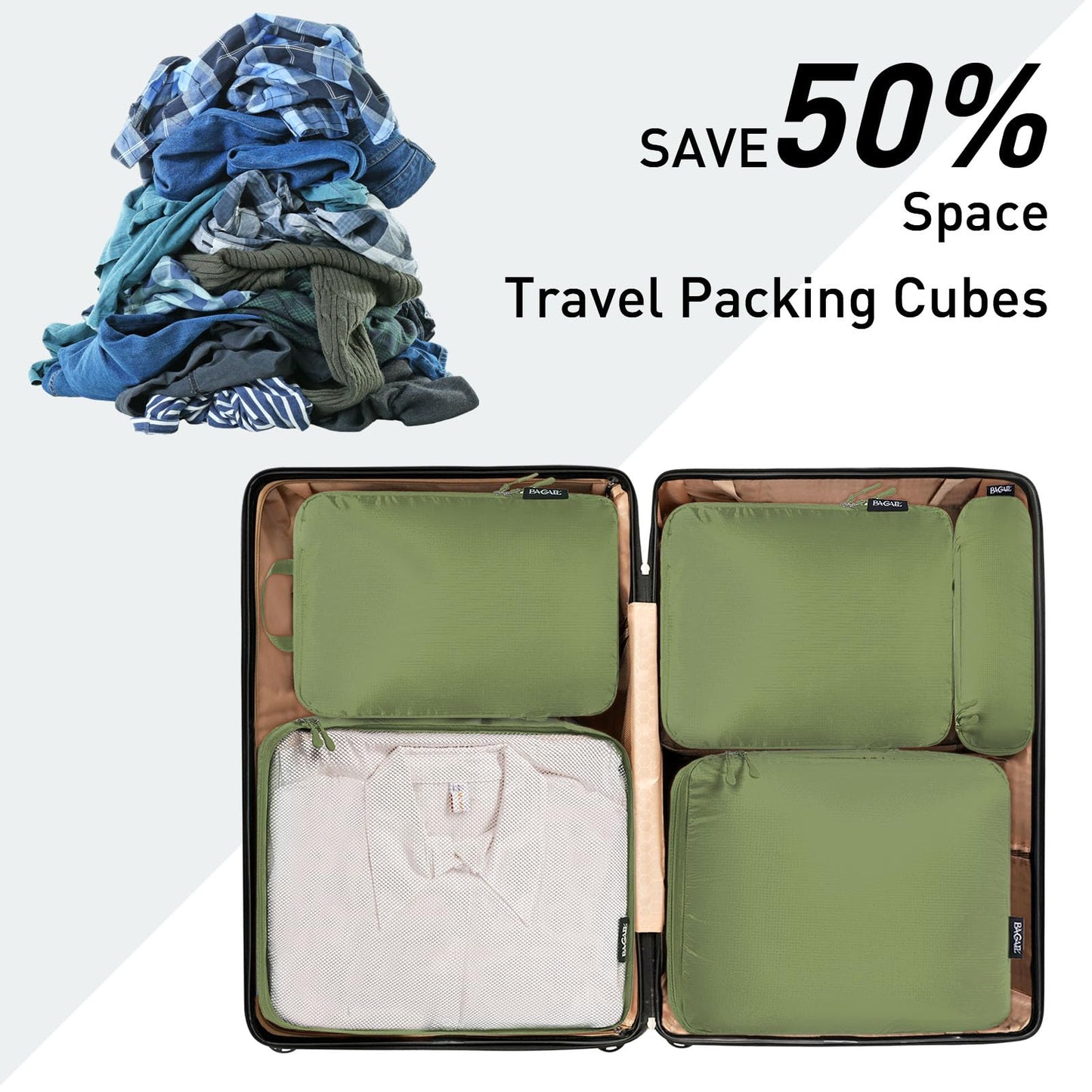 Bagail Ultralight Packing Cubes 7 Set, 3 Compression Packing Cubes 3 Packing Organizers With 1 Shoe Bag-Matcha