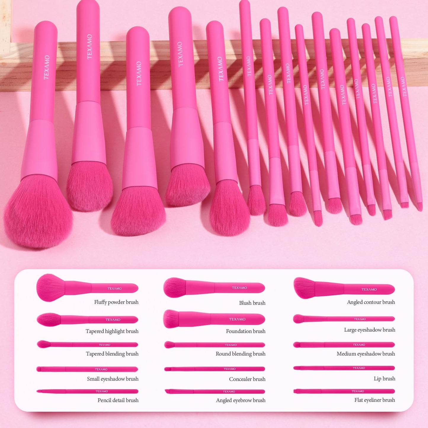 Makeup Brush Set, 15 Piece Quality Makeup Brushes, Premium Synthetic Make Up Brushes for Foundation Powder Blush Highlighter Concealer Makeup Brush Kit for Travel, Hot Pink