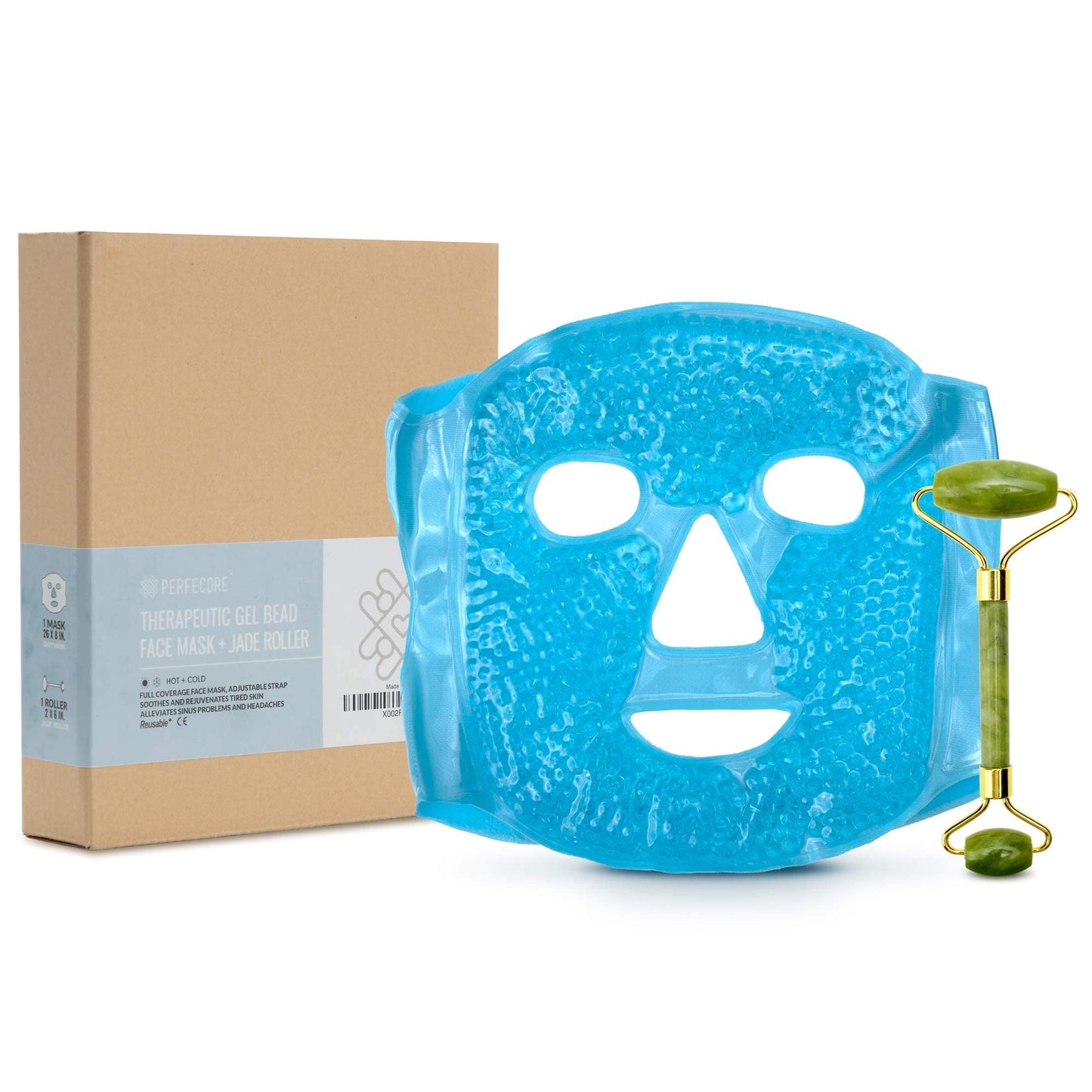 Perfecore Ice Face Mask + Jade Roller - Beauty Roller Face Neck Massage Tool - Stone Face Roller & Facial Mask Set for Wrinkles Fine Lines & Anti Aging, Puffy Eyes, Dark Circles & Overall Skin Care