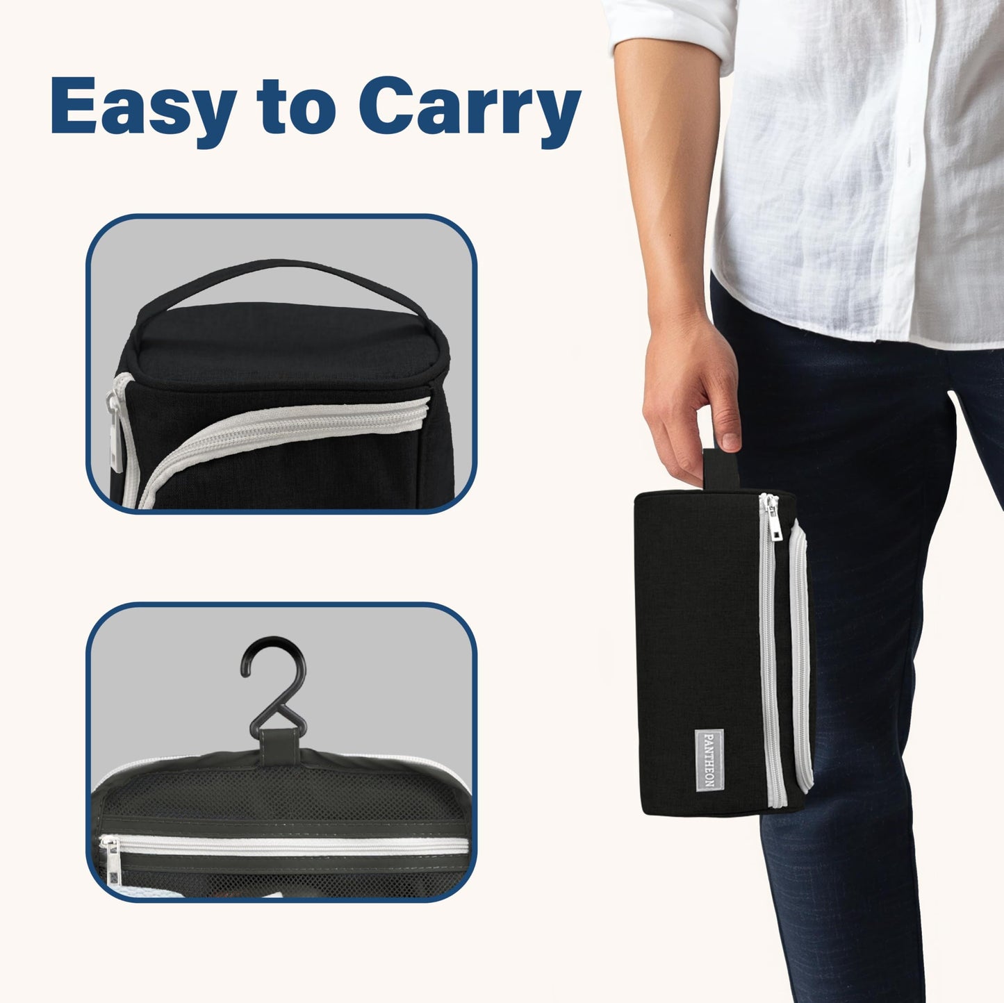 Pantheon Men's Toiletry Bag - Travel Toiletry Bag Wash Bag Hanging Dopp Kit Shaving Kit for Bathroom Shower - Mens Travel Bag Hanging Toiletry Organizer Toiletry Kit for Traveling (Black)